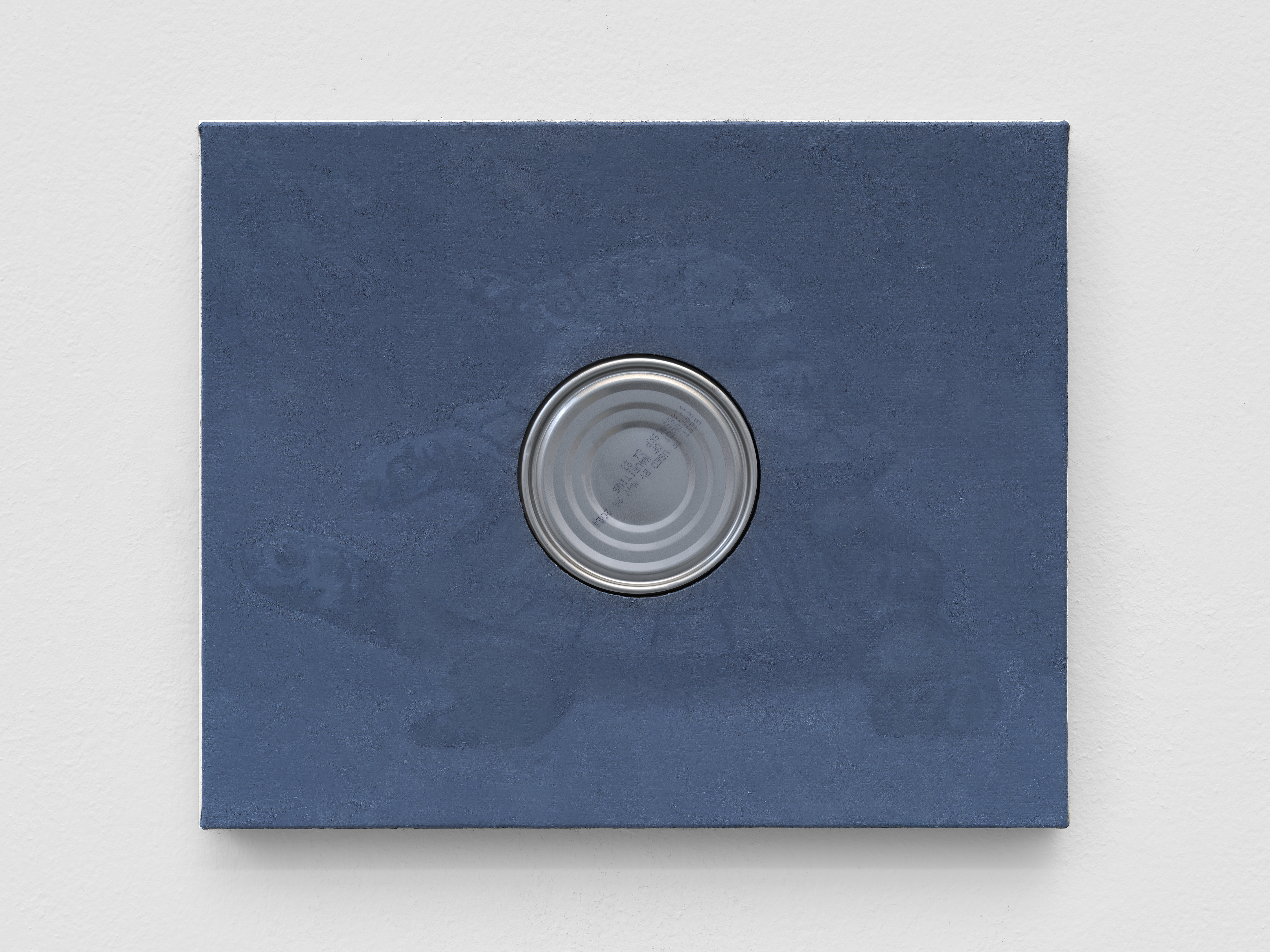 Alex Kwartler, Infinite Regress (with tuna) II, 2022, oil on linen with tin can, 9 1/2 x 12 in.