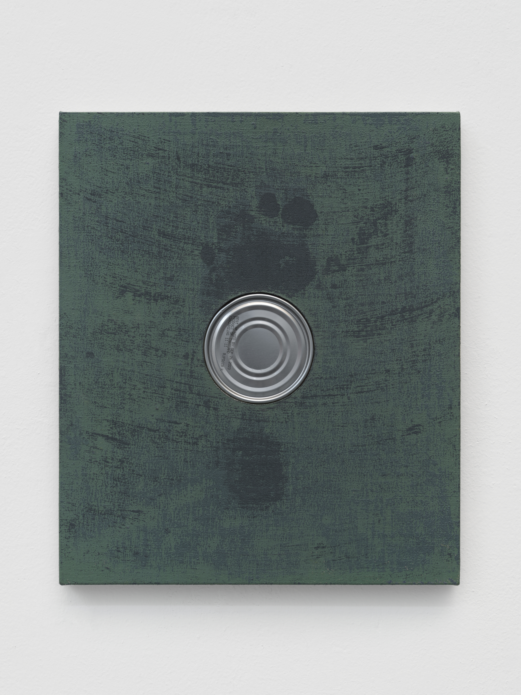 Alex Kwartler, Green Signature (w/ tuna), 2022, Oil on linen w/ tin can, 14 x 12 in.