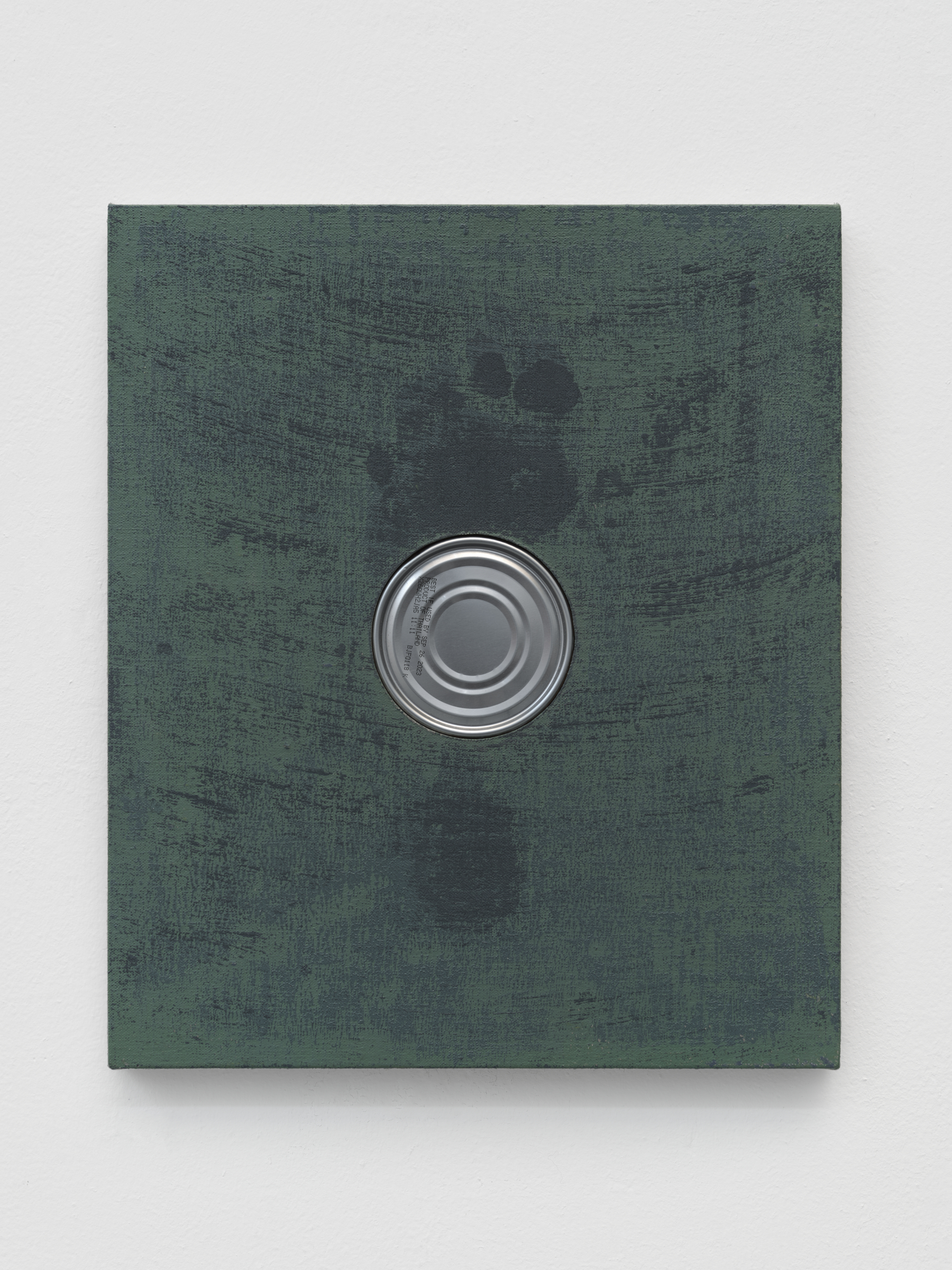 Alex Kwartler, Green Signature (w/ tuna), 2022, oil on linen w/ tin can, 14 x 12 in.