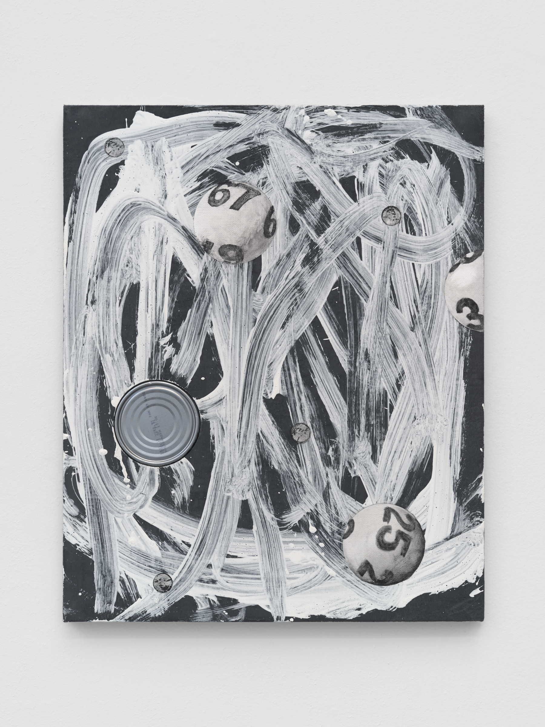 Alex Kwartler, However, (with tuna), 2021, oil and plaster on linen with tin can, 20 x 16 in.