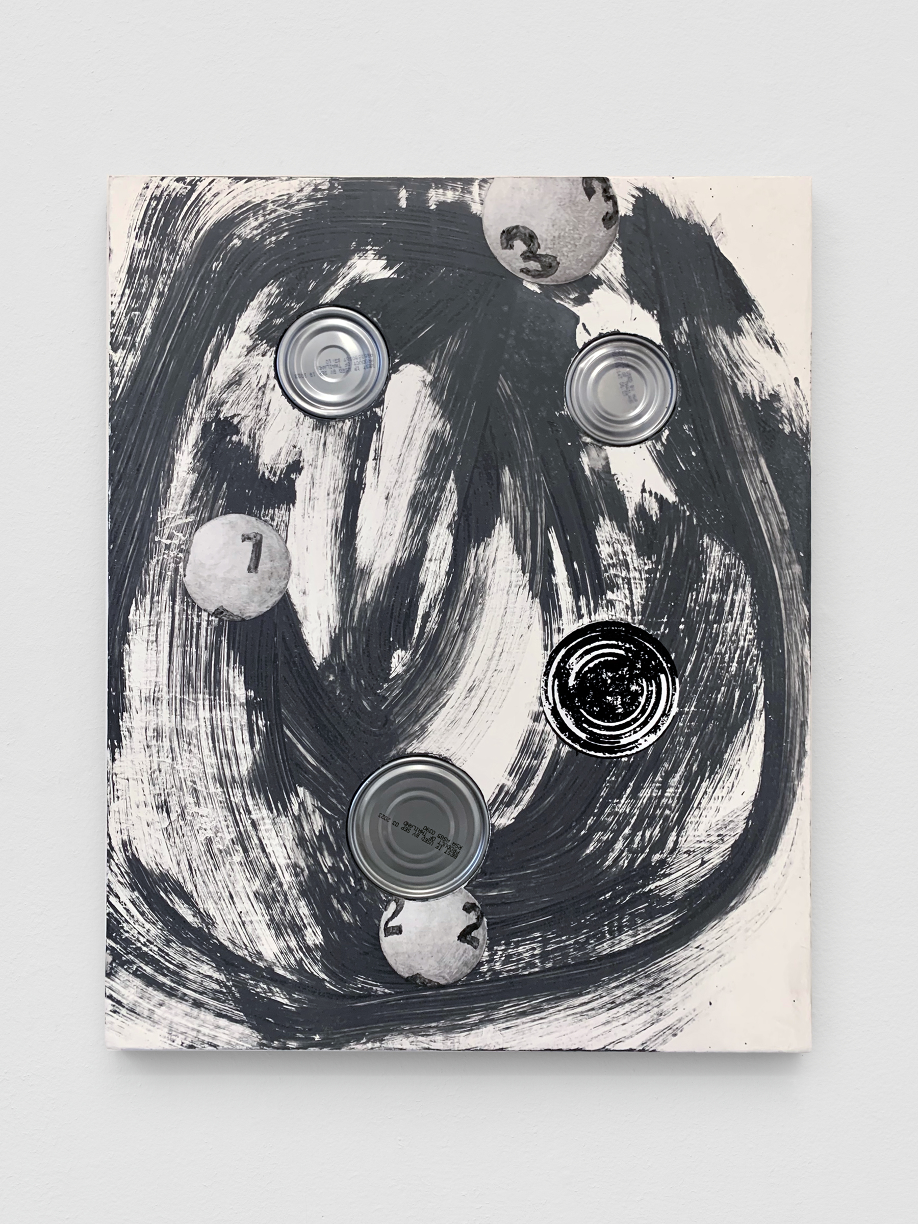 Alex Kwartler, Friends & Family (with tuna and Powerball), 2021, oil, acrylic and plaster on linen, 20 x 16 in.