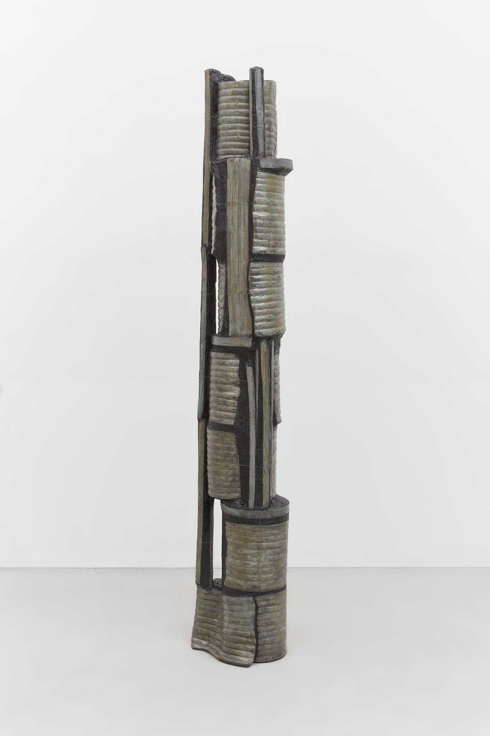 Anne Libby, Leaf Lift, 2020, glazed ceramic, steel, sanded grout, 72.25h x 12w x 12d in.