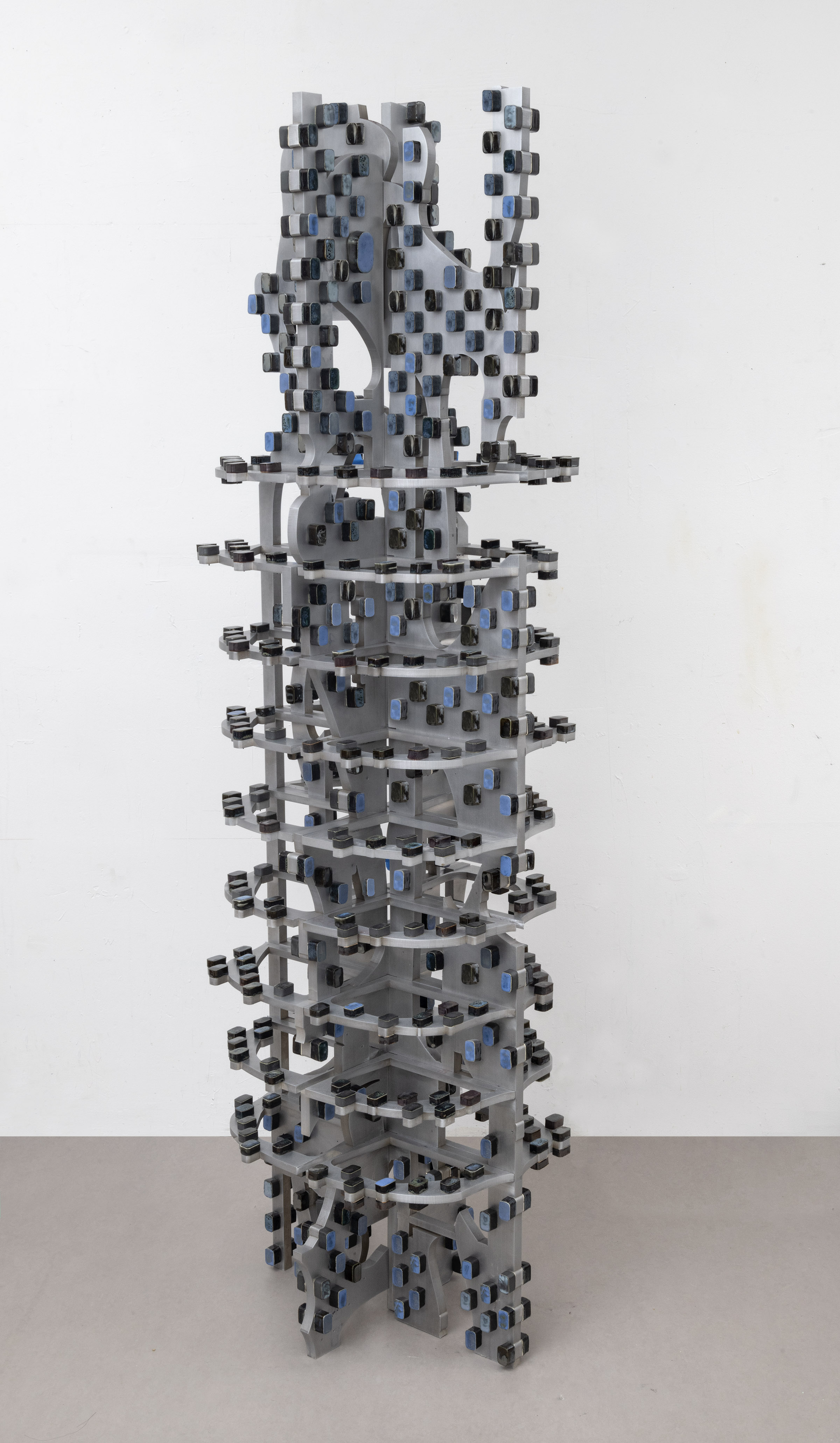 Anne Libby, Multiplexer II, 2019, aluminum, glazed ceramic, 80h x 22w x 18.50d in.