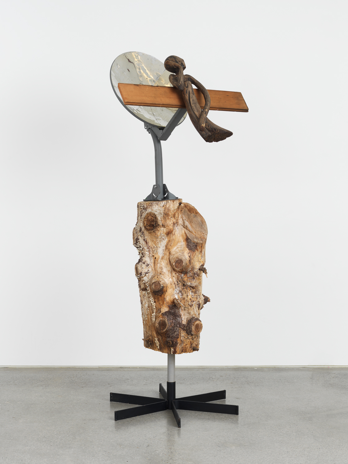 Bill Saylor, Accumulator, 2019, pine tree trunk, cedar board, metal, mylar, PVC pipe, 77.50 x 36 x 30.50 in.