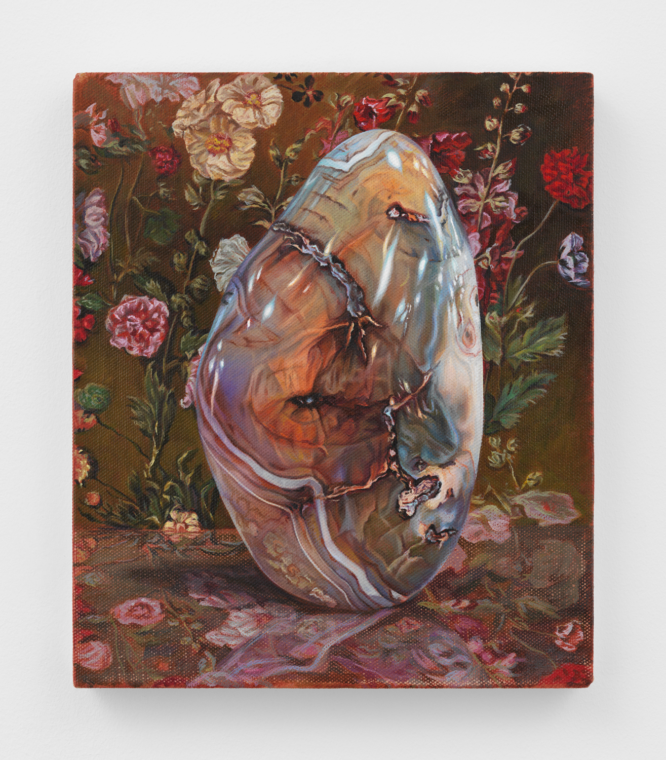 Chason Matthams, Polished Agate w/ Hyacinthe Rigaud’s study of flowers (green), 2024, oil on linen, 14 x 12 in.