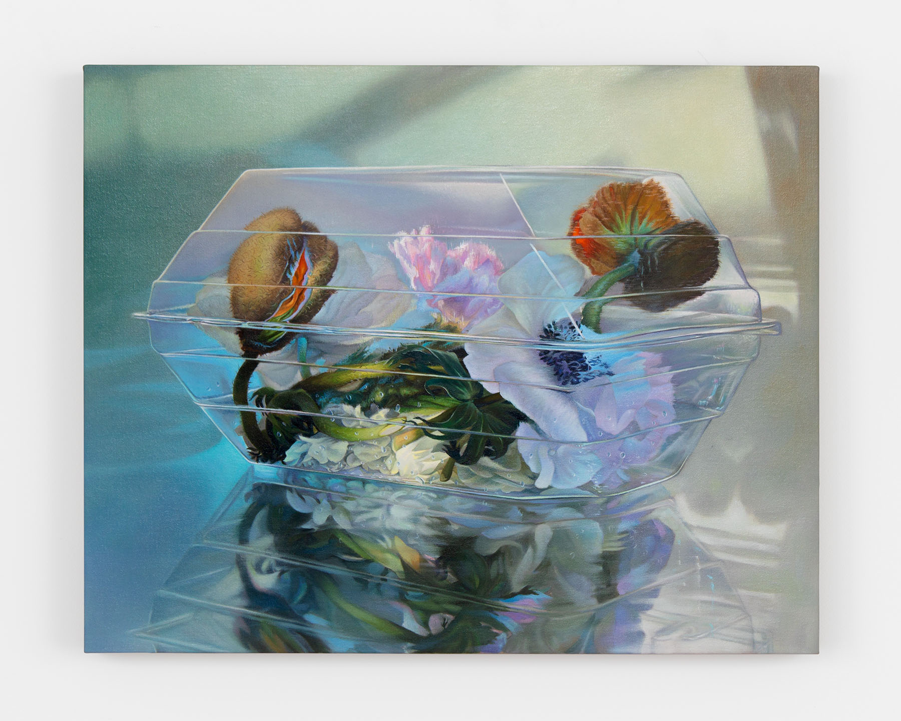 Chason Matthams, Corsage (aqua, blue, pink), 2022, Oil on linen over panel, 24h x 30w in.