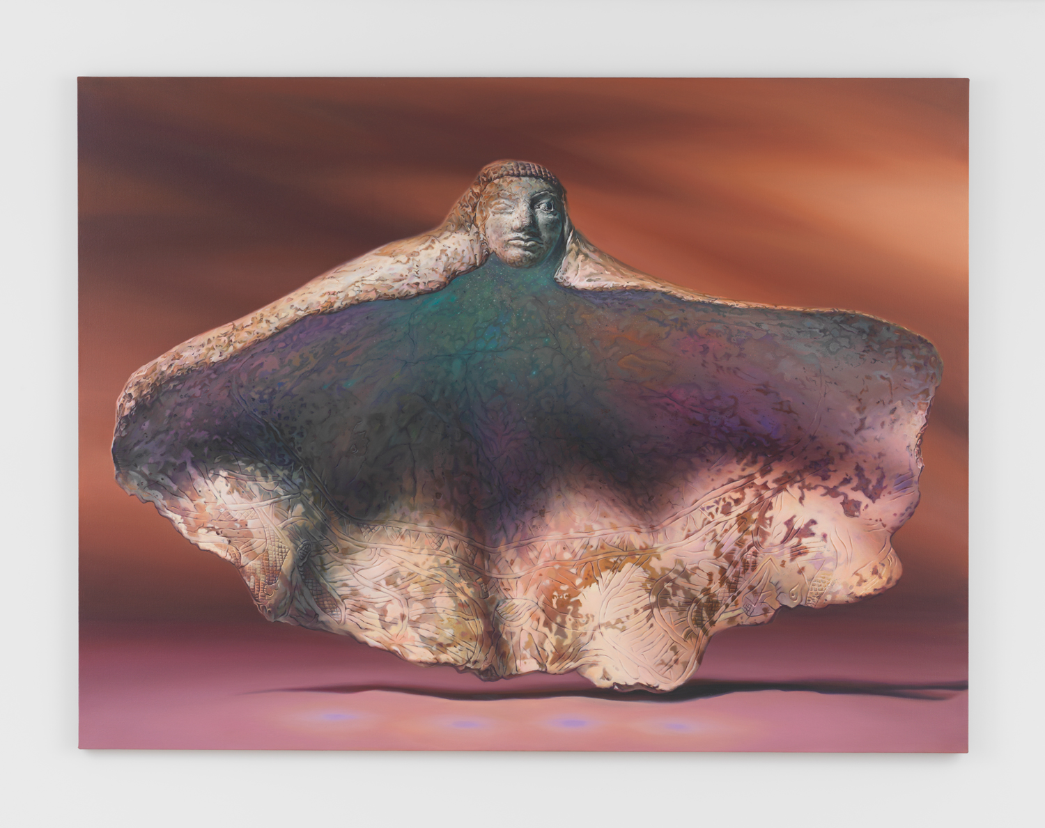 Chason Matthams, Tridacna shell carved with a human head on the apex, cosmetic container, 2022, oil on linen, 62 x 82 in.