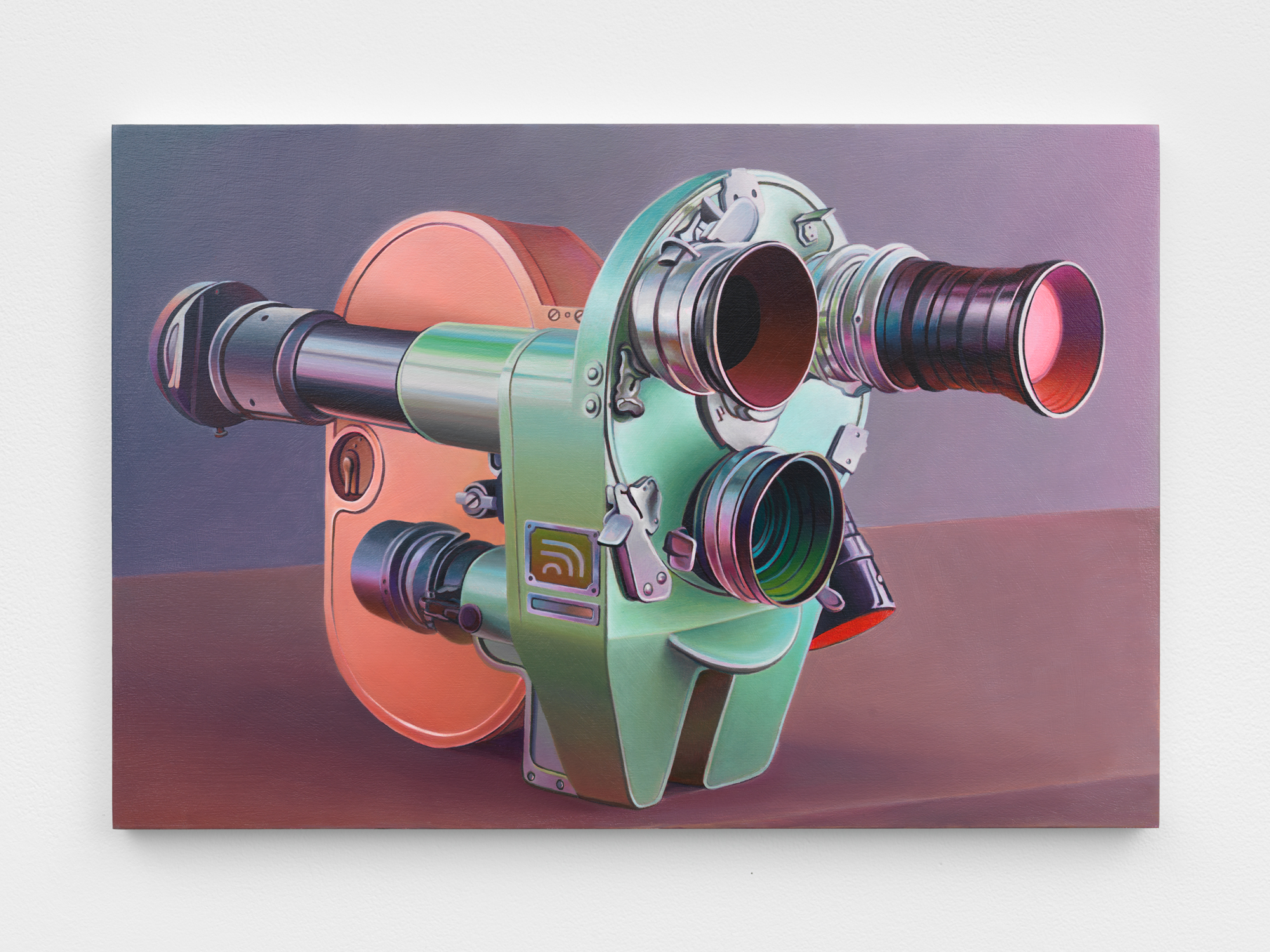 Chason Matthams, Untitled (light green and coral camera), 2018, Oil on panel, 14h x 21w in.