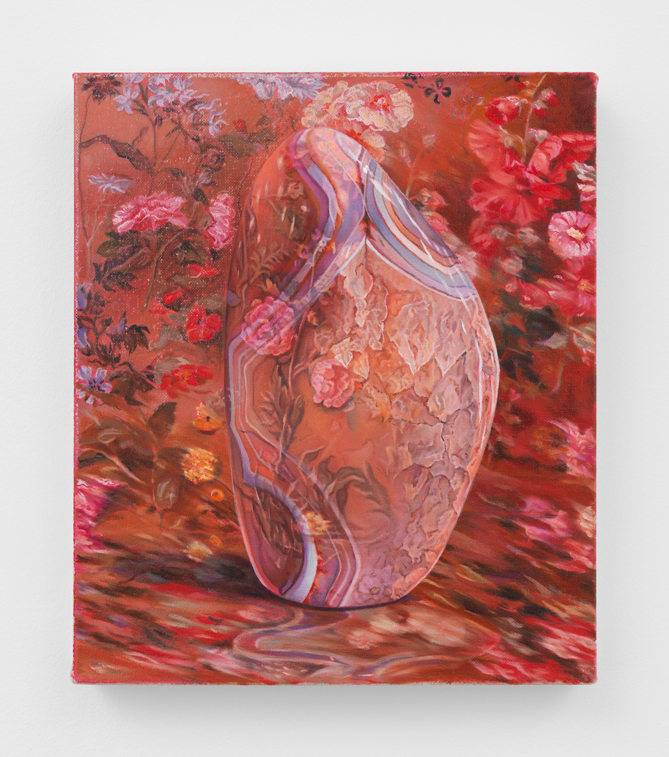 Chason Matthams, Polished Agate w/ Hyacinthe Rigaud’s study of flowers (red), 2024, Oil on linen, 14 x 12 in.