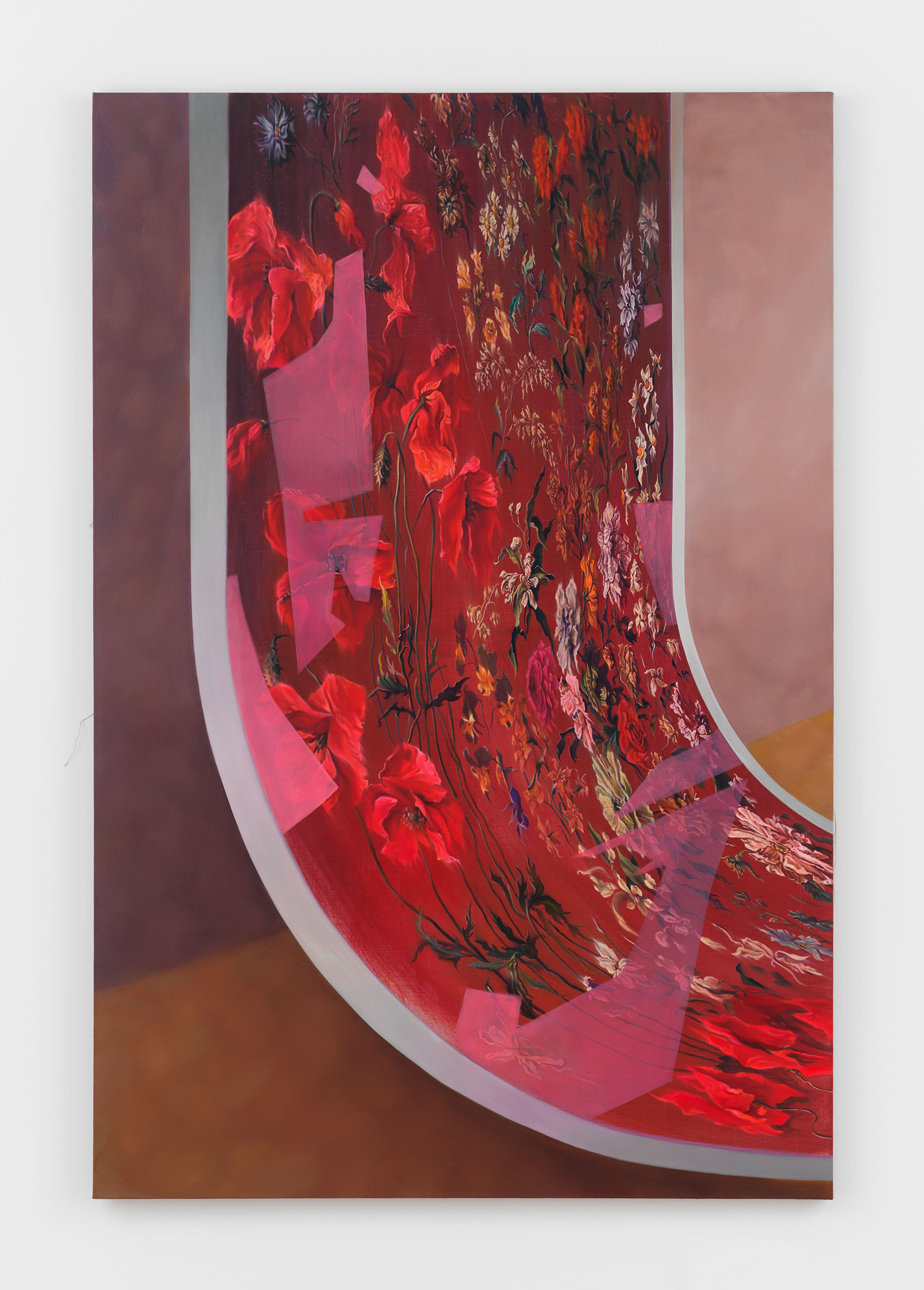 Chason Matthams, Hyacinthe Rigaud’s study of flowers on Irving Penn’s photo backdrop, 2021, oil on linen, 72 x 48 in.