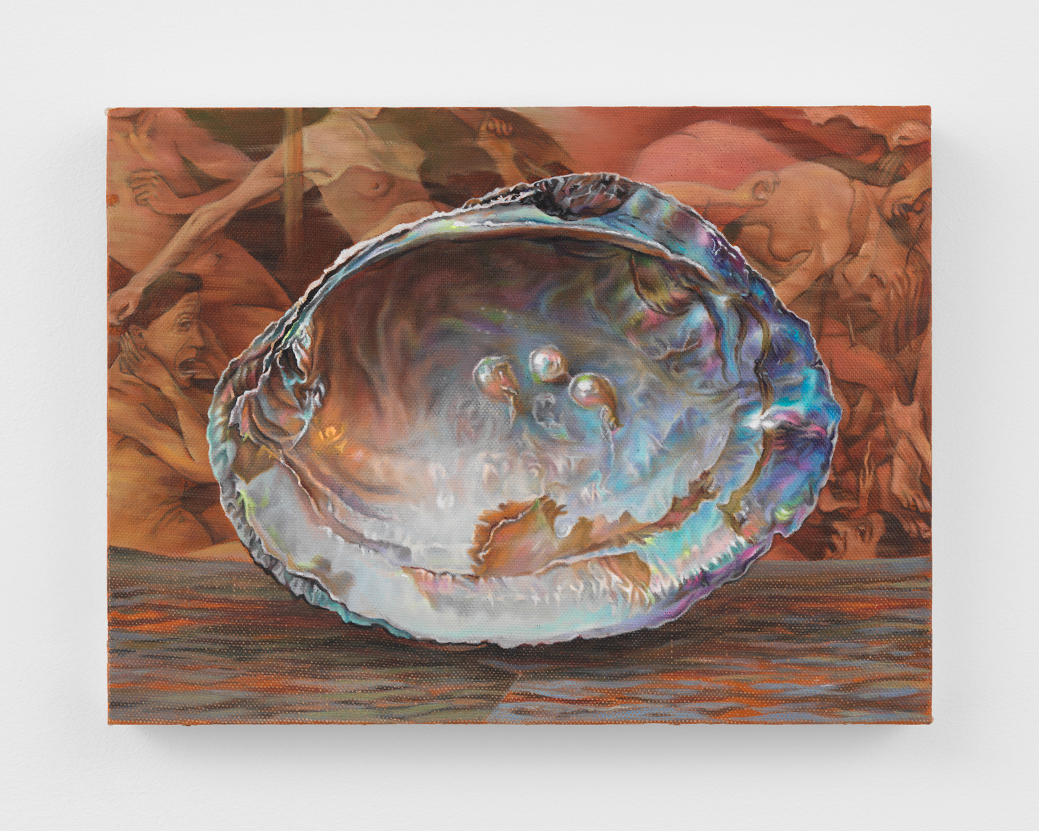 Chason Matthams, Oyster Shell w/ Rogier van der Weyden's Beaune Altarpiece, 2023, oil on linen over panel, 12 x 16 in.