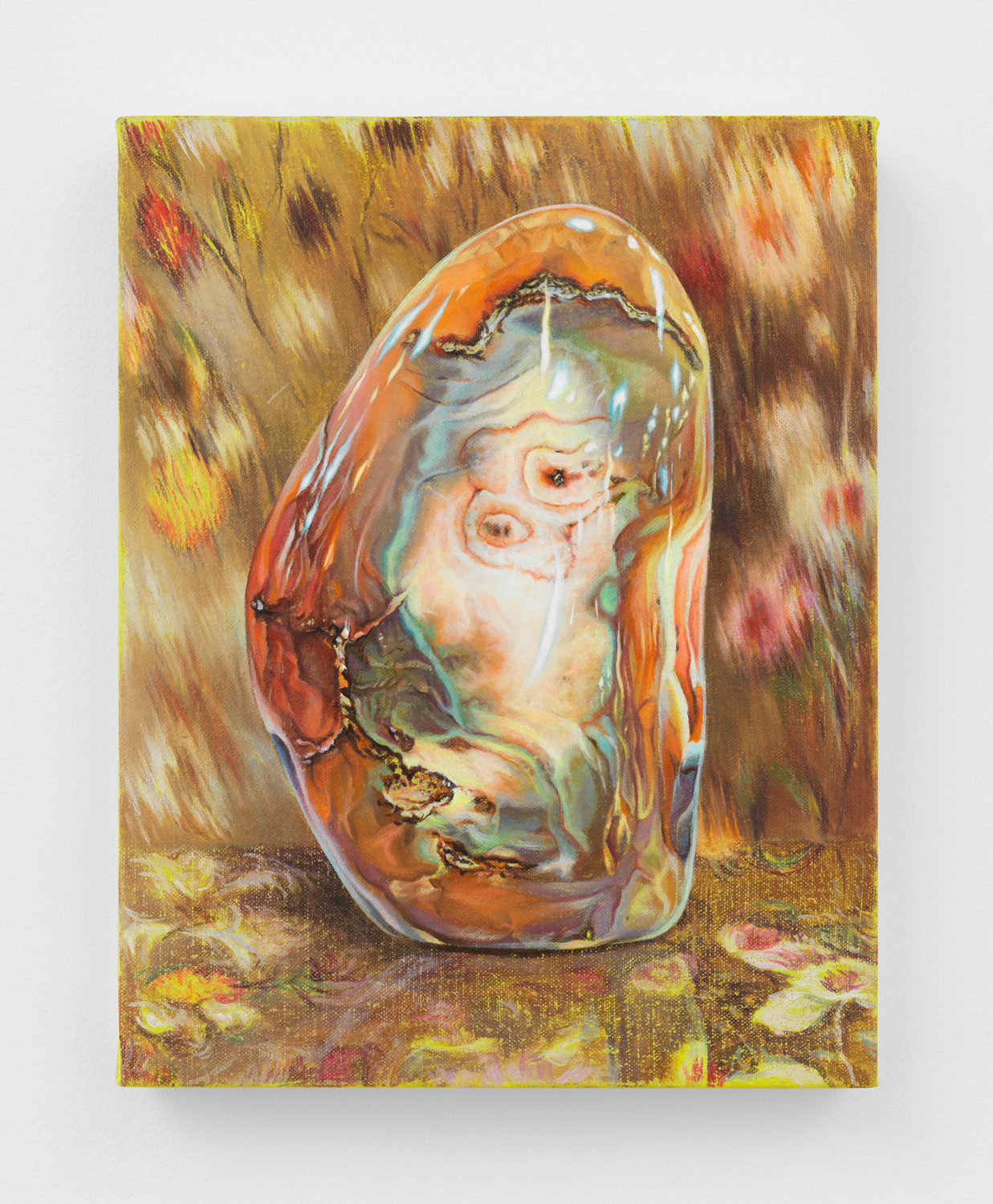 Chason Matthams, Polished Agate w/ Hyacinthe Rigaud’s study of flowers (yellow), 2023, Oil on linen over panel, 14 x 11 in.