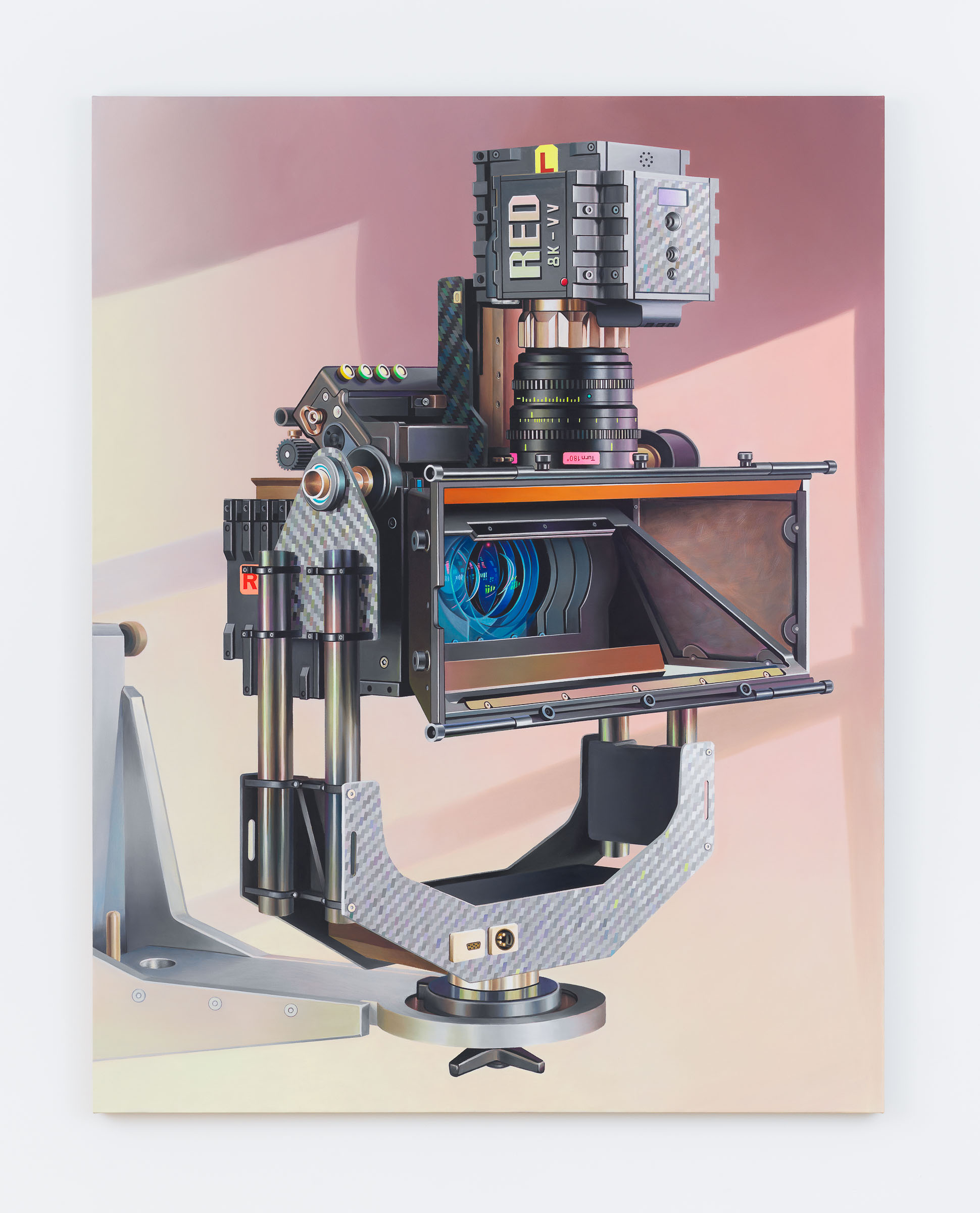 Chason Matthams, Untitled (Screen Plane 3D rig - blue & mauve), 2023, oil on linen, 72 x 56 in.