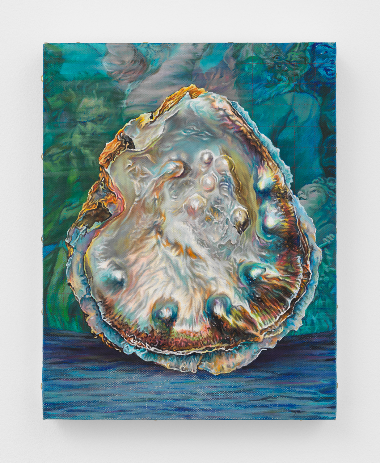 Chason Matthams, Oyster Shell w/ Anthony Van Dyck's Drunken Silenus supported by Satyrs (blue), 2023, Oil on linen over panel, 18 x 14 in.