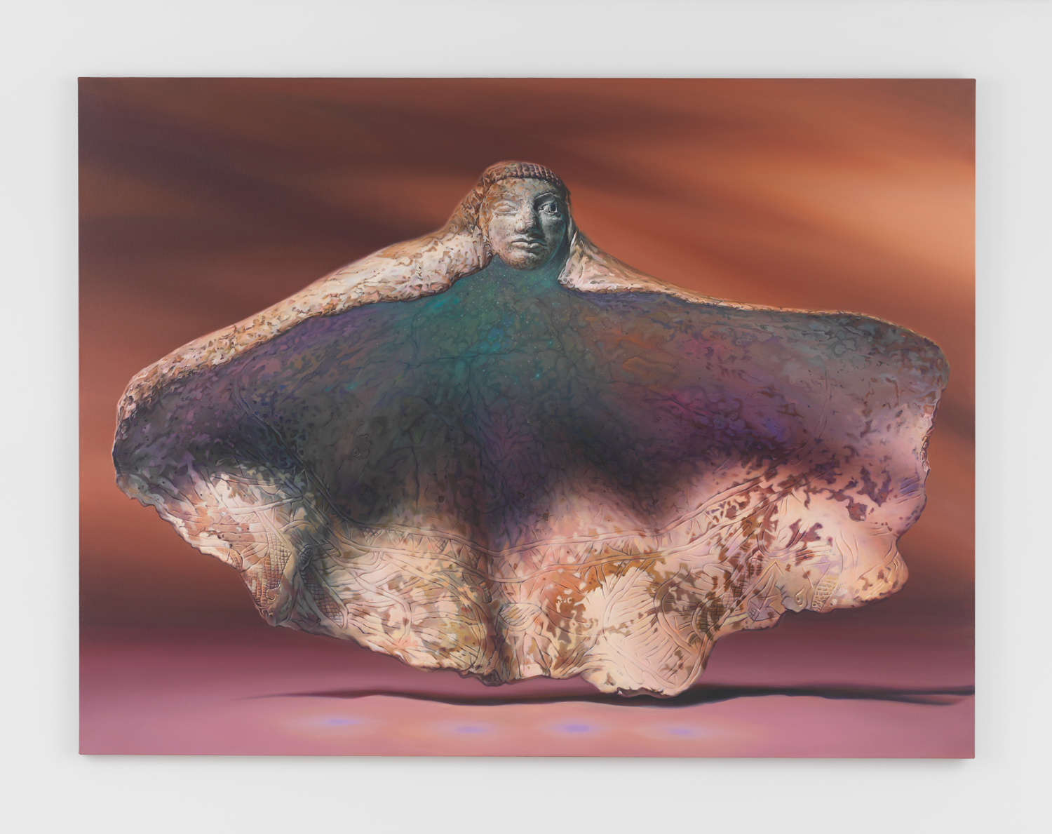 Chason Matthams, Tridacna shell carved with a human head on the apex, cosmetic container, 2022, Oil on linen, 62 x 82 in.