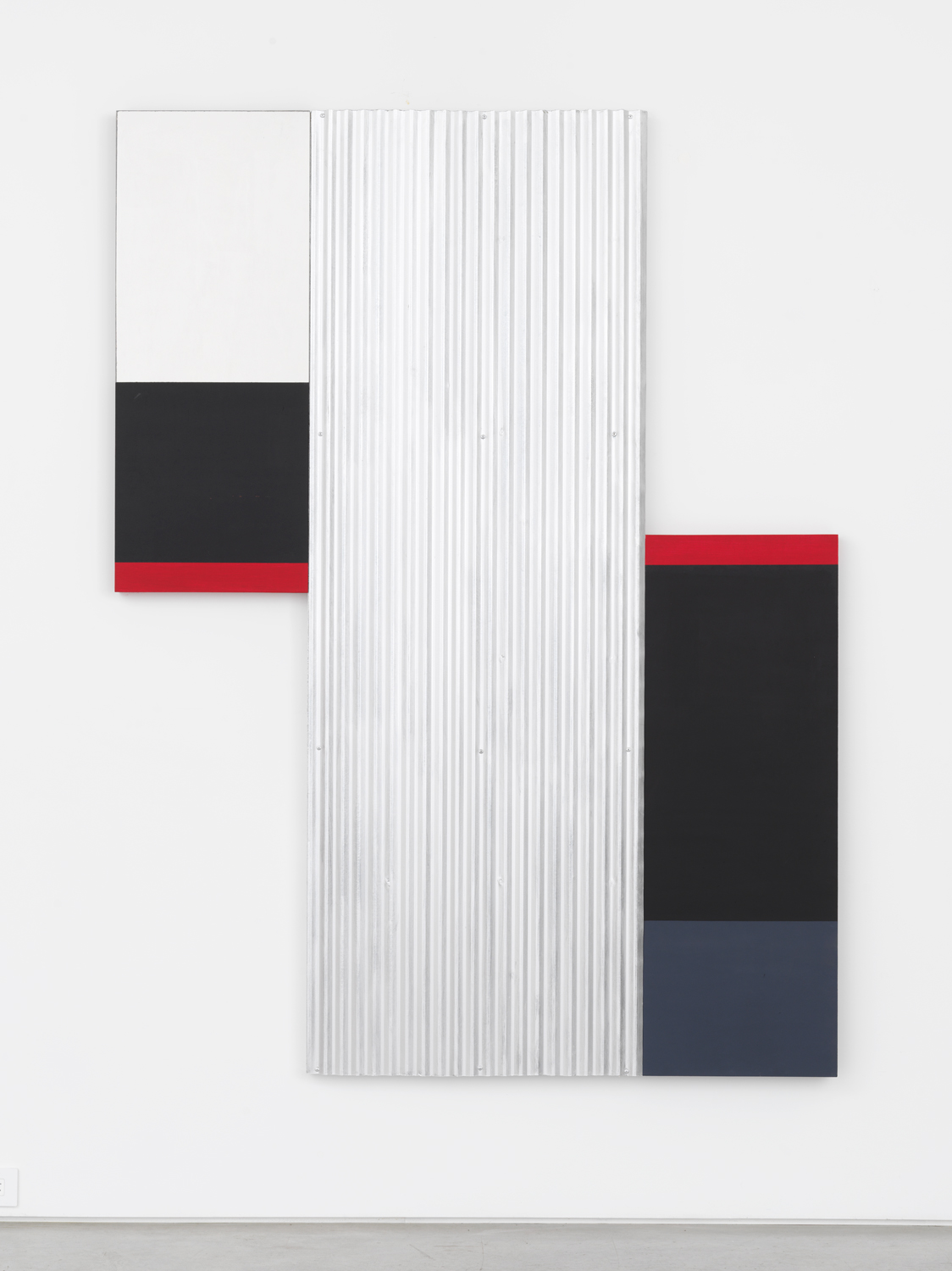 Don Dudley, XVIII, 2014-15, oil-based aluminum enamel and acrylic on birch plywood and corrugated metal, 74.50 x 56 x 2 in.