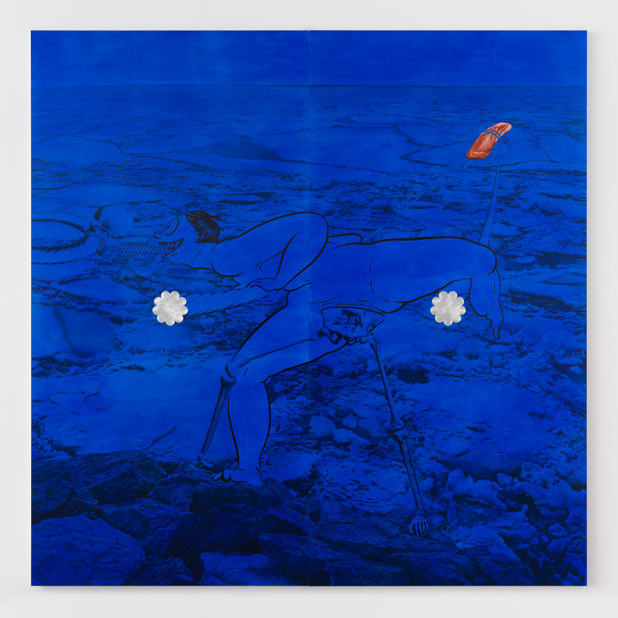 Ebecho Muslimova, Fatebe Blue Shore, 2022, enamel and oil paint on dibond aluminum, 96 x 96 in.