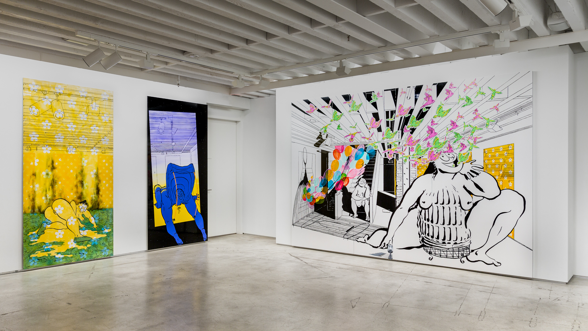 Installation view, Ebecho Muslimova: Scenes in the Sublevel, The Drawing Center, New York, NY, 2021. Photo by Daniel Terna.