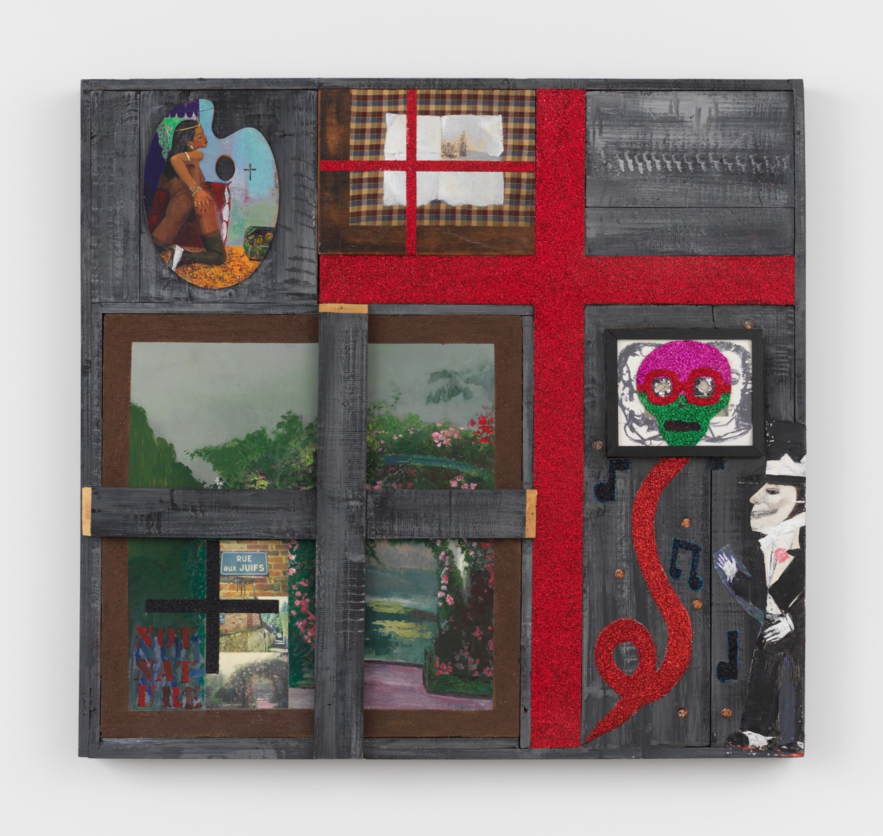 Paul Gardère, Giverny Revisited, 1997, Acrylic, glitter, mud, fabric, tin, framed C-prints, and pennies on black silk, canvas, and wood, 48 x 52 x 4 in.