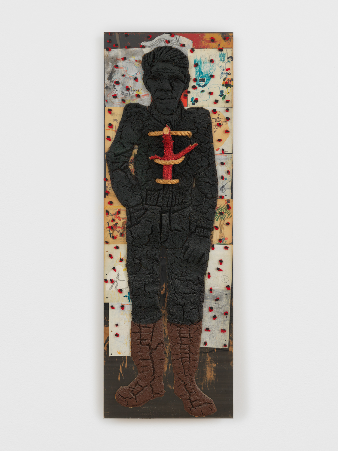 Paul Gardère, Casual Hero, 1990, Acrylic, mud, collage, rope, glitter, and mixed media on plexiglass and wood, 72 x 24 x 5 1/2 in.