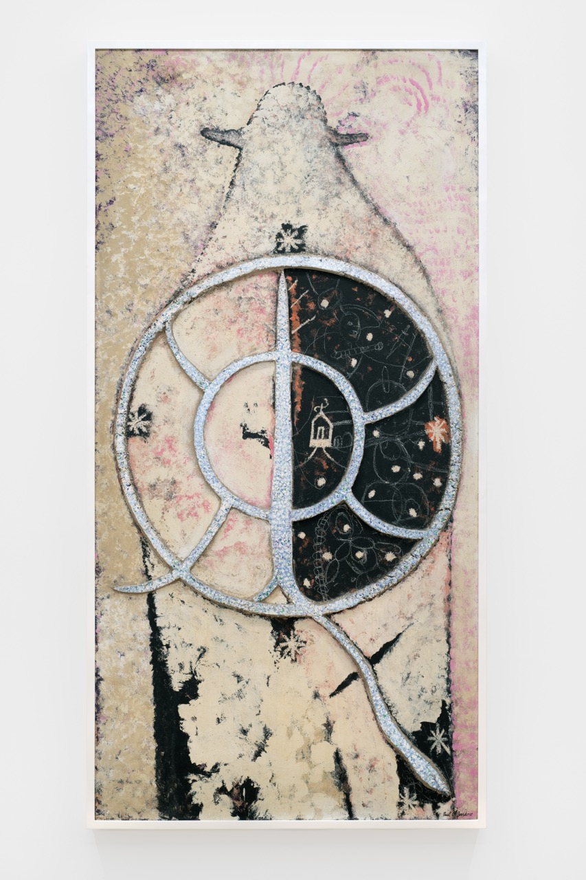 Paul Gardère, The Snowman, 1986, Acrylic, color pencil and plaster relief on masonite and wood, 98 x 50 x 4 1/2 in.