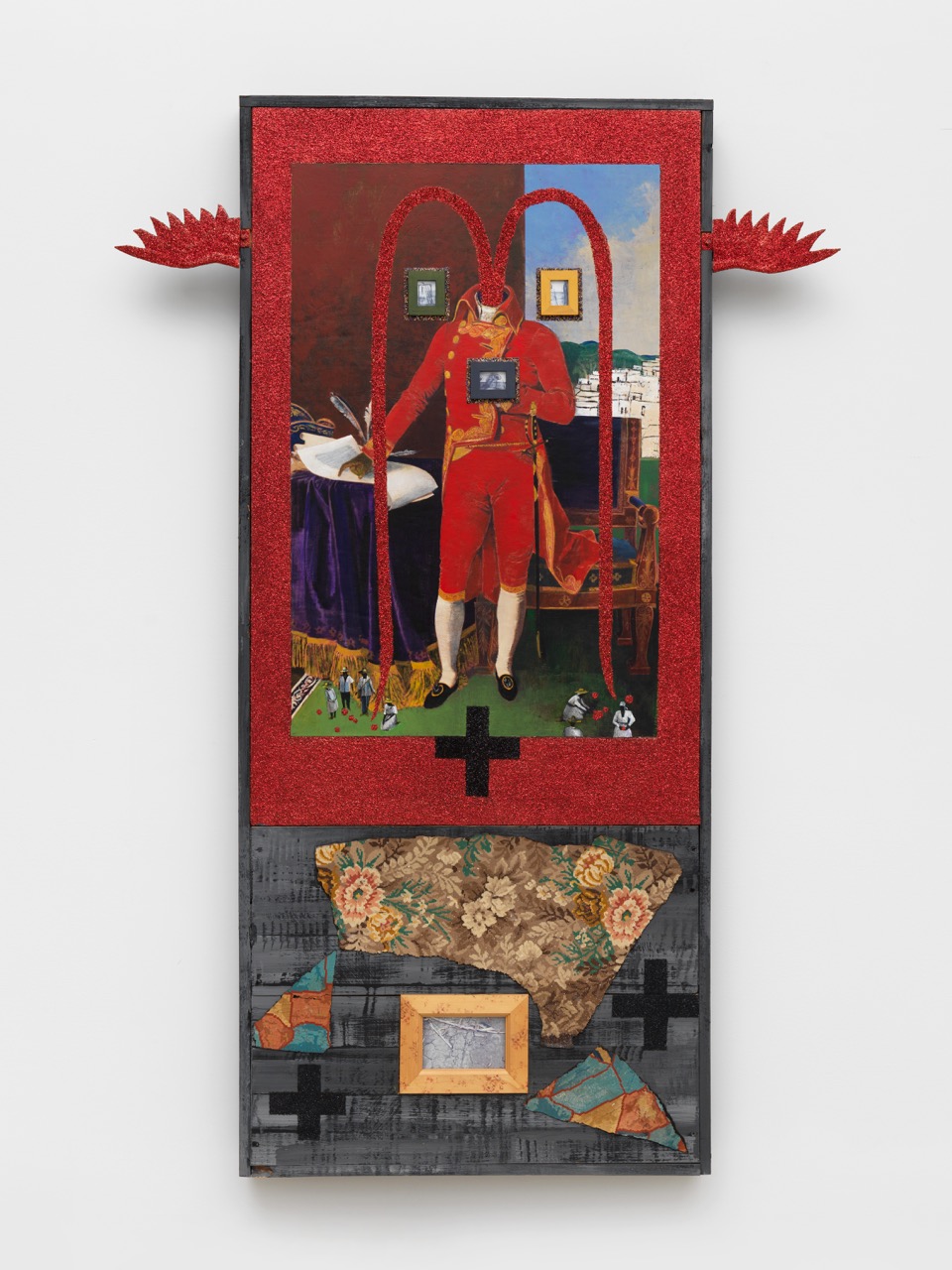 Paul Gardère, The Legacy, 2000, Acrylic, glitter, digital print, linoleum, and framed C-prints on wood, 72 x 48 1/2 x 4 in.