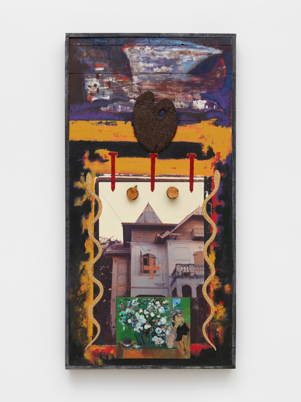 Paul Gardère, Waiting for Daddy, 1998, Acrylic, mud, glitter, digital print, and wood logs on wood, 66 x 33 3/4 x 4 in.