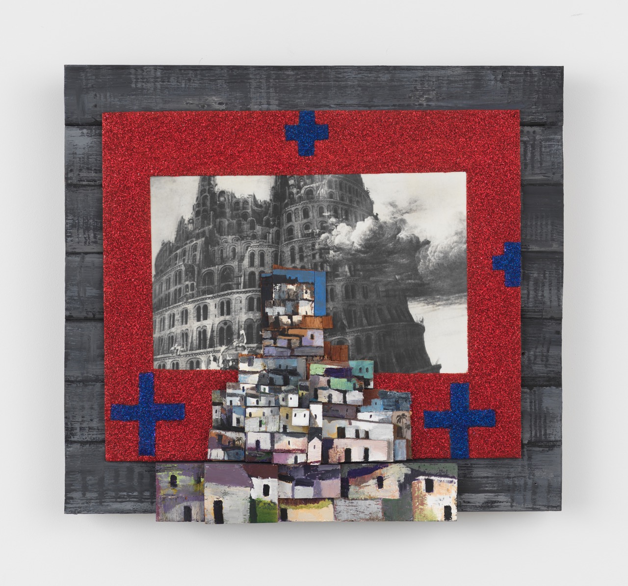 Paul Gardère, Babel Old and New, 2000, Acrylic, glitter, and digital print on wood, 26 1/4 x 28 3/4 x 4 3/4 in.