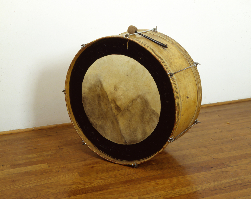 Jennifer Bolande, Central and Mountain, 1985, bass drum, with chalk pastel, and mallet, 24 x 15 in.