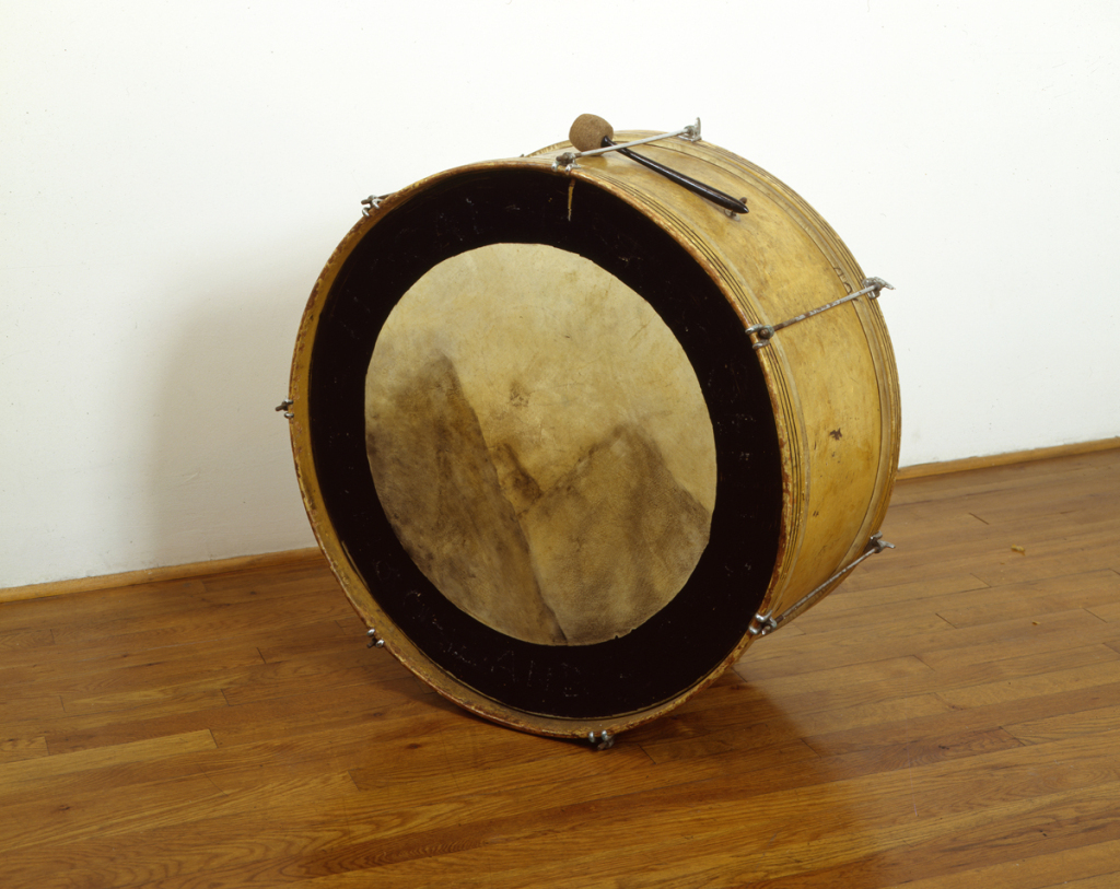 Jennifer Bolande, Central and Mountain, 1985, Bass drum, with chalk pastel, and mallet, 24 dia x 15d in.