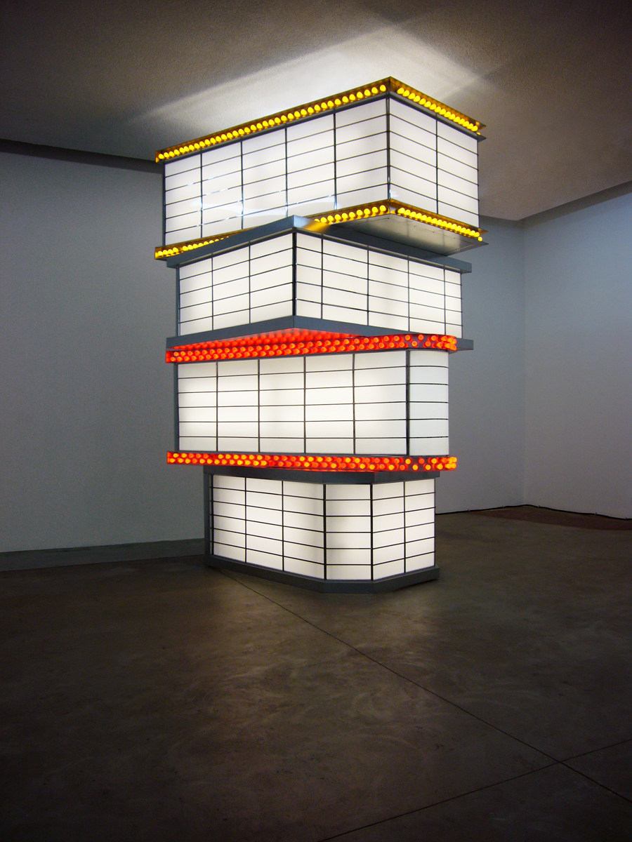 Jennifer Bolande, Tower of Movie Marquees, 2010, steel, stainless steel, plexiglass, electrical components, and bulbs, 186 x 108 x 60 in.