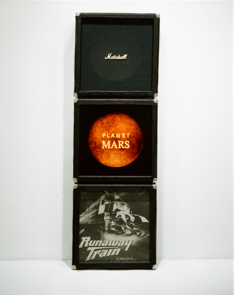 Jennifer Bolande, Marshall Stack, 1987, 3 handmade vinyl and wood speaker cabinets, color photos, marshall speaker cloth, plastic marshall logo, 69 x 22.5 x 6.5 in.