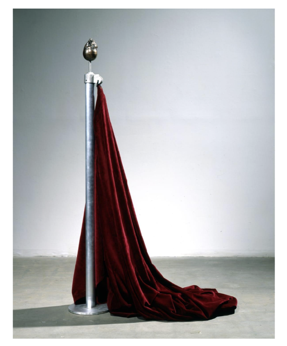 Jennifer Bolande, Pinnacle, 1989, Aluminum flagpole, bronze, and theater curtain, Overall: 71 x 48 x 48 in.