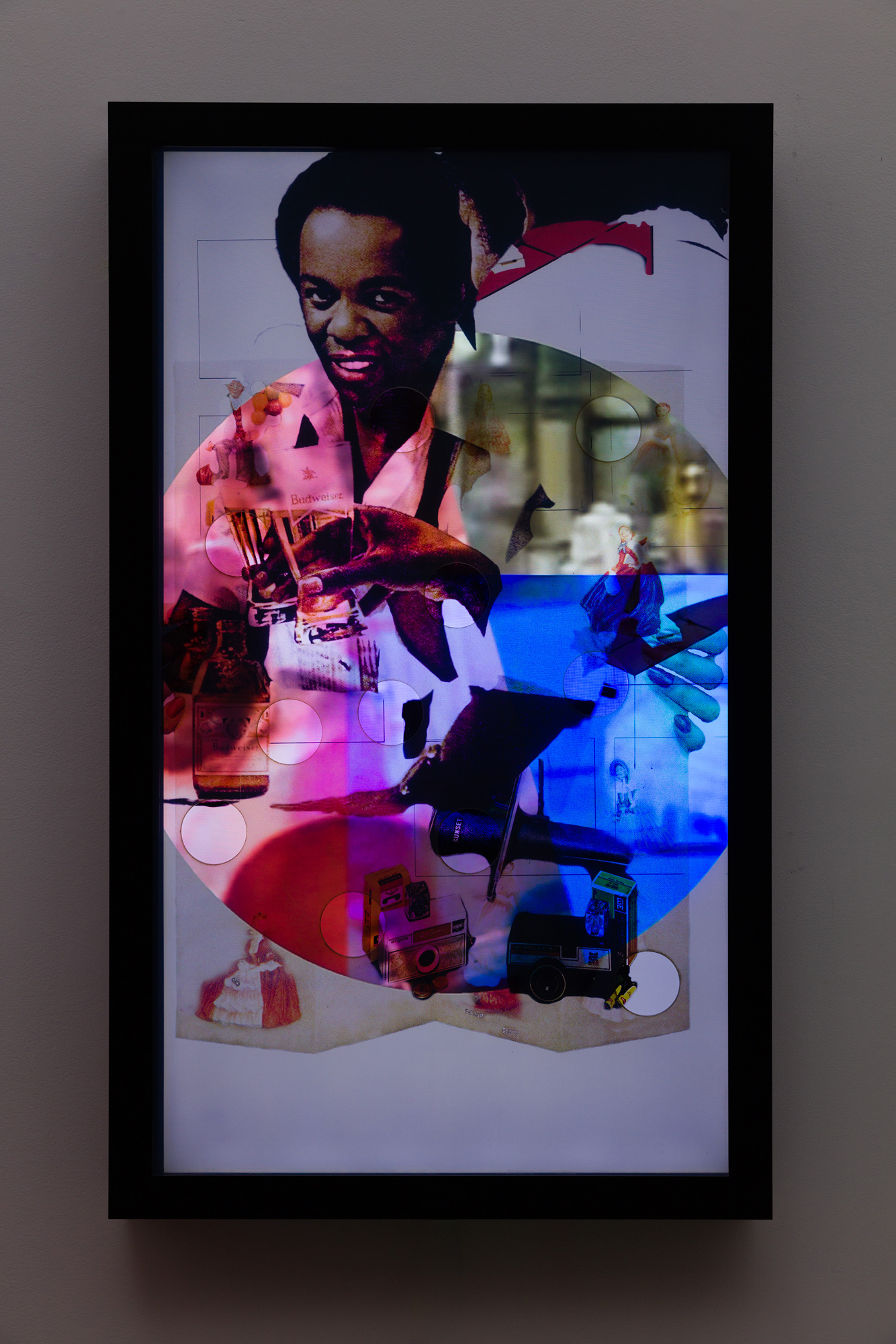 Jibade-Khalil Huffman, The Mirror, 2017, transparencies, die cut plexi, flatscreen monitor, powder coated metal frame, looping video, 51.5 x 31.75 x 5 in.