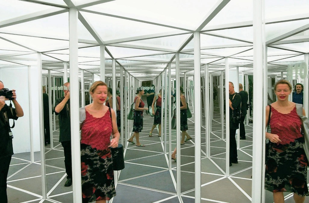 Ken Lum, Mirror Maze with 12 Signs of Depression, 2002, mirrors and text, Dimensions variable. Image courtesy of the Vancouver Art Gallery.