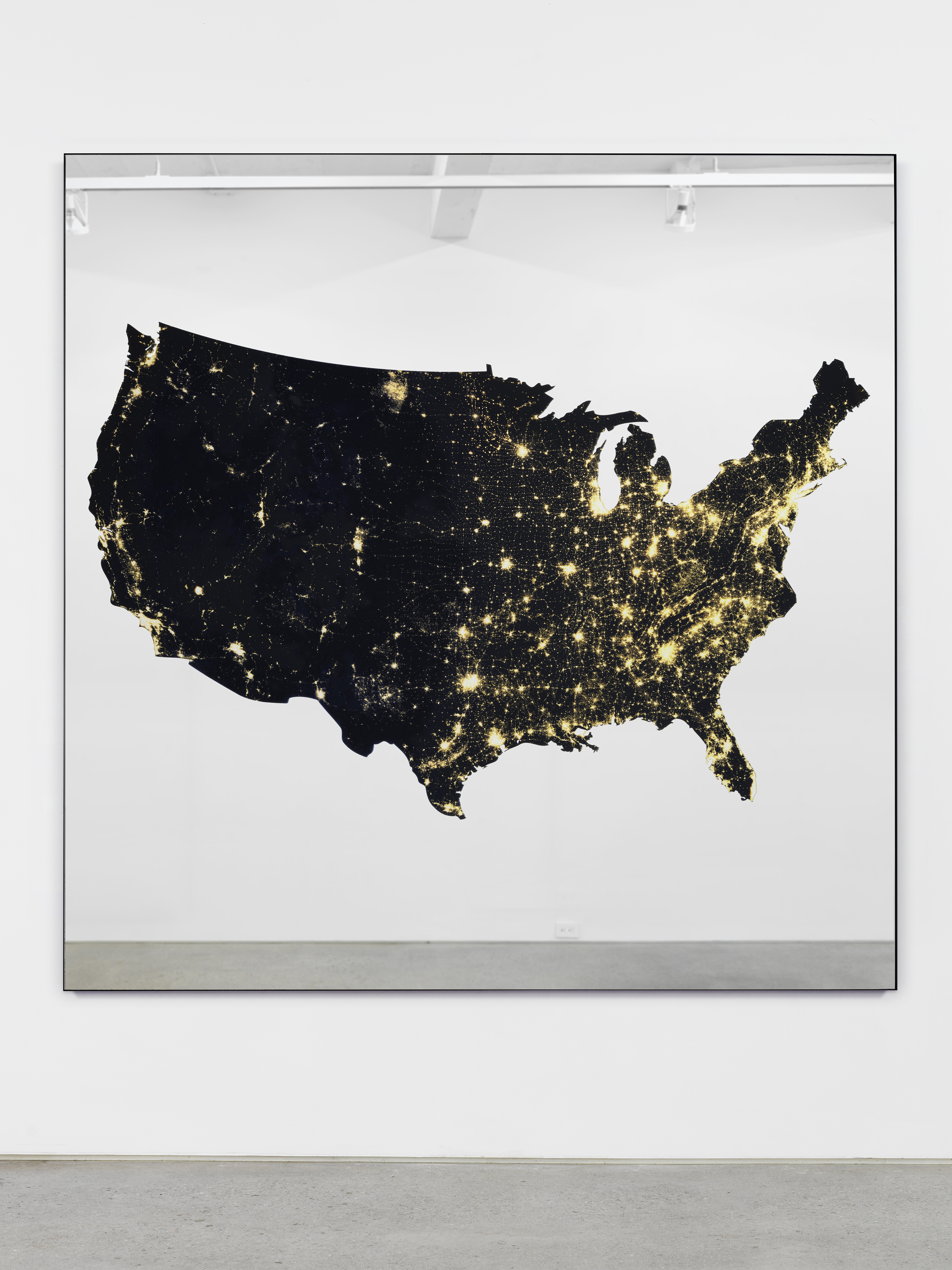 Ken Lum, America at Night, 2021, Canon LED curable inks, mirror, aluminum, 72h x 72w in.
