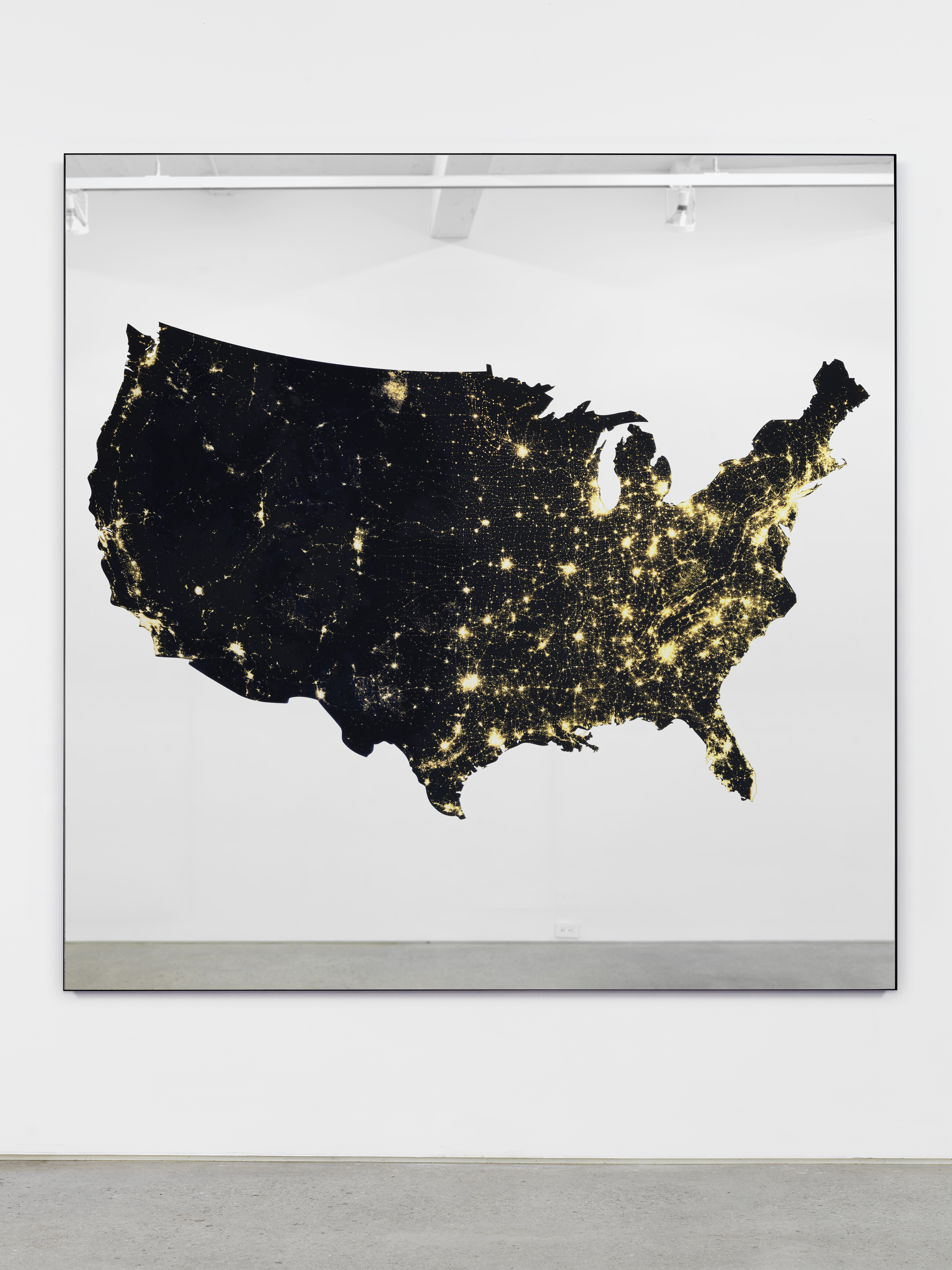 Ken Lum, America at Night, 2021, canon LED curable inks, mirror, aluminum, 72 x 72 in.