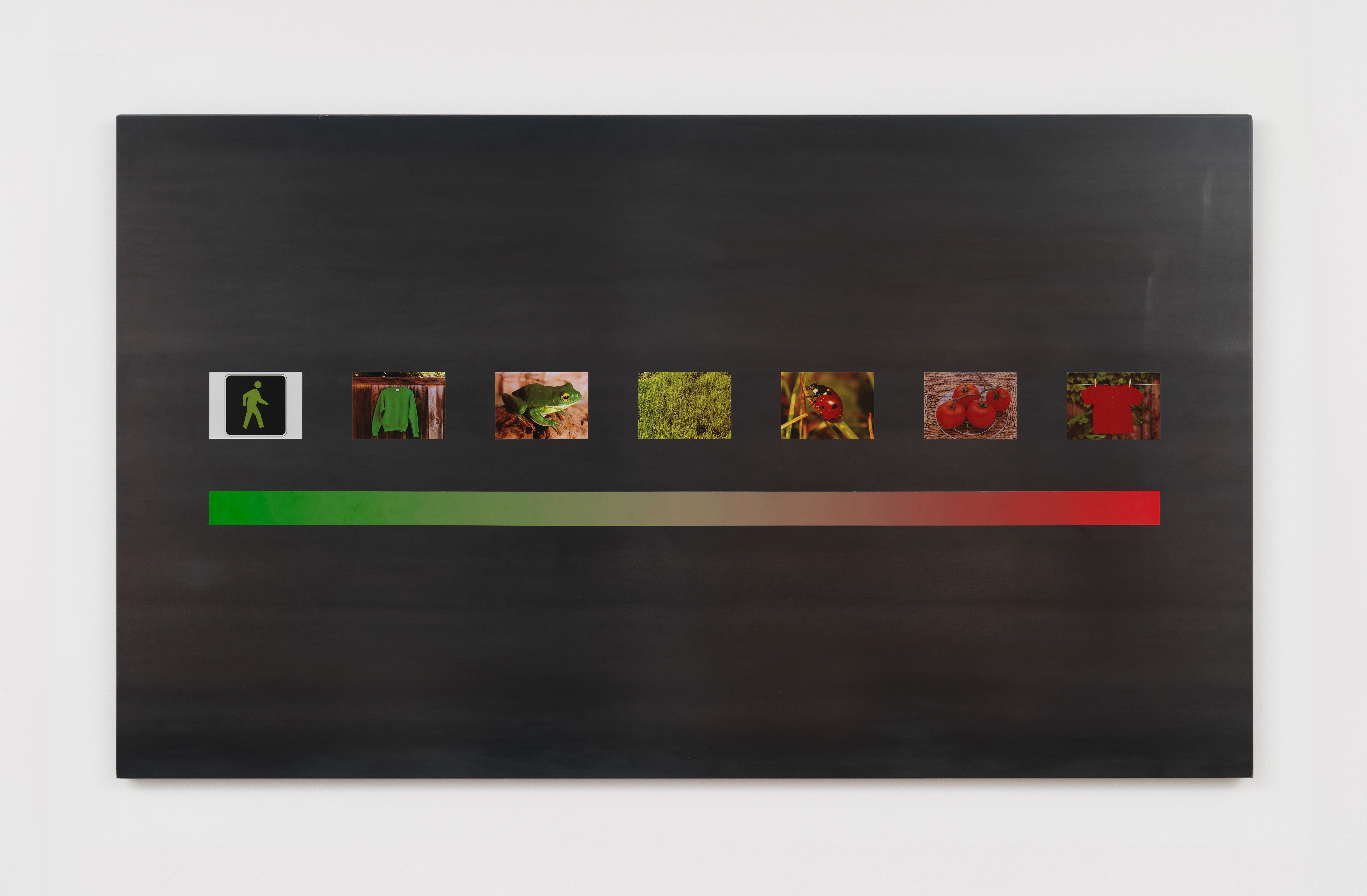 Matt Keegan, Green to Red, 2025, UV prints on steel, oil paint, 42 x 72 x 2 in.