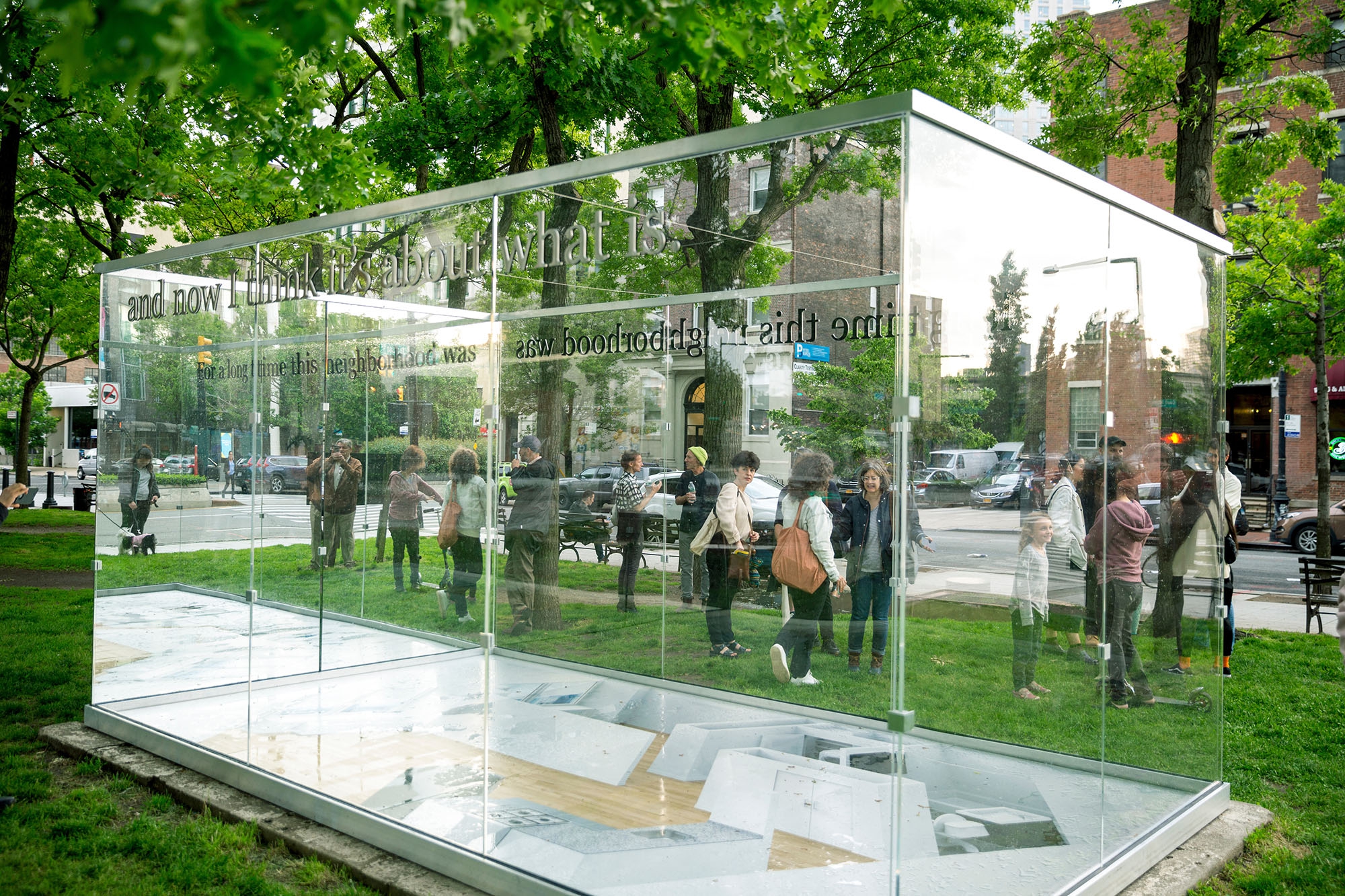 Installation view, what was & what is, Sculpture Center Commission, Court Square Park, Long Island City, New York, NY 2019. Photography by Kyle Knodell.