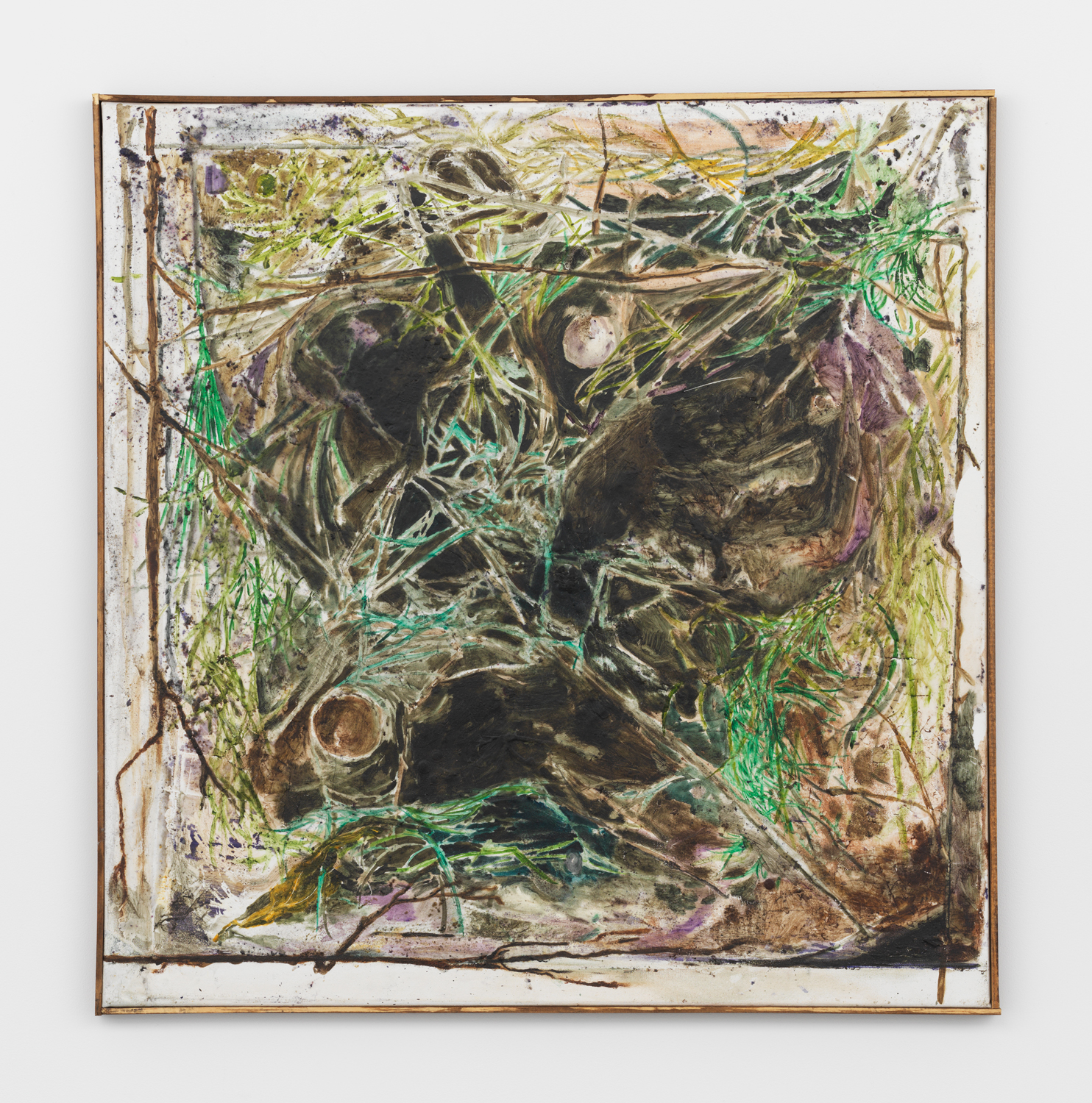 Nikholis Planck, Hermit, 2017, water soluble oil and debris on wax on canvas, 32.50h x 32w in.