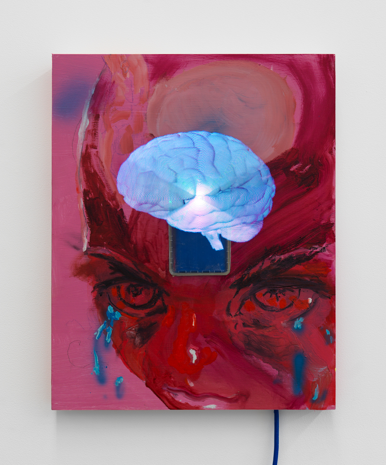 Rachel Rossin, Boo-hoo (brain), 2020, oil, airbrushed acrylic, and graphite on panel with embedded holographic display, 20 x 16 in.