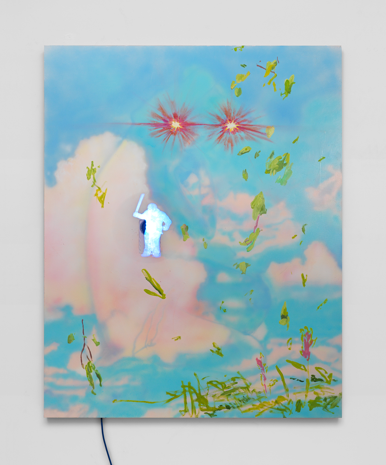 Rachel Rossin, Figment of a Fugue State, 2020, oil and airbrushed acrylic on panel with embedded holographic display, 60 x 48 in.