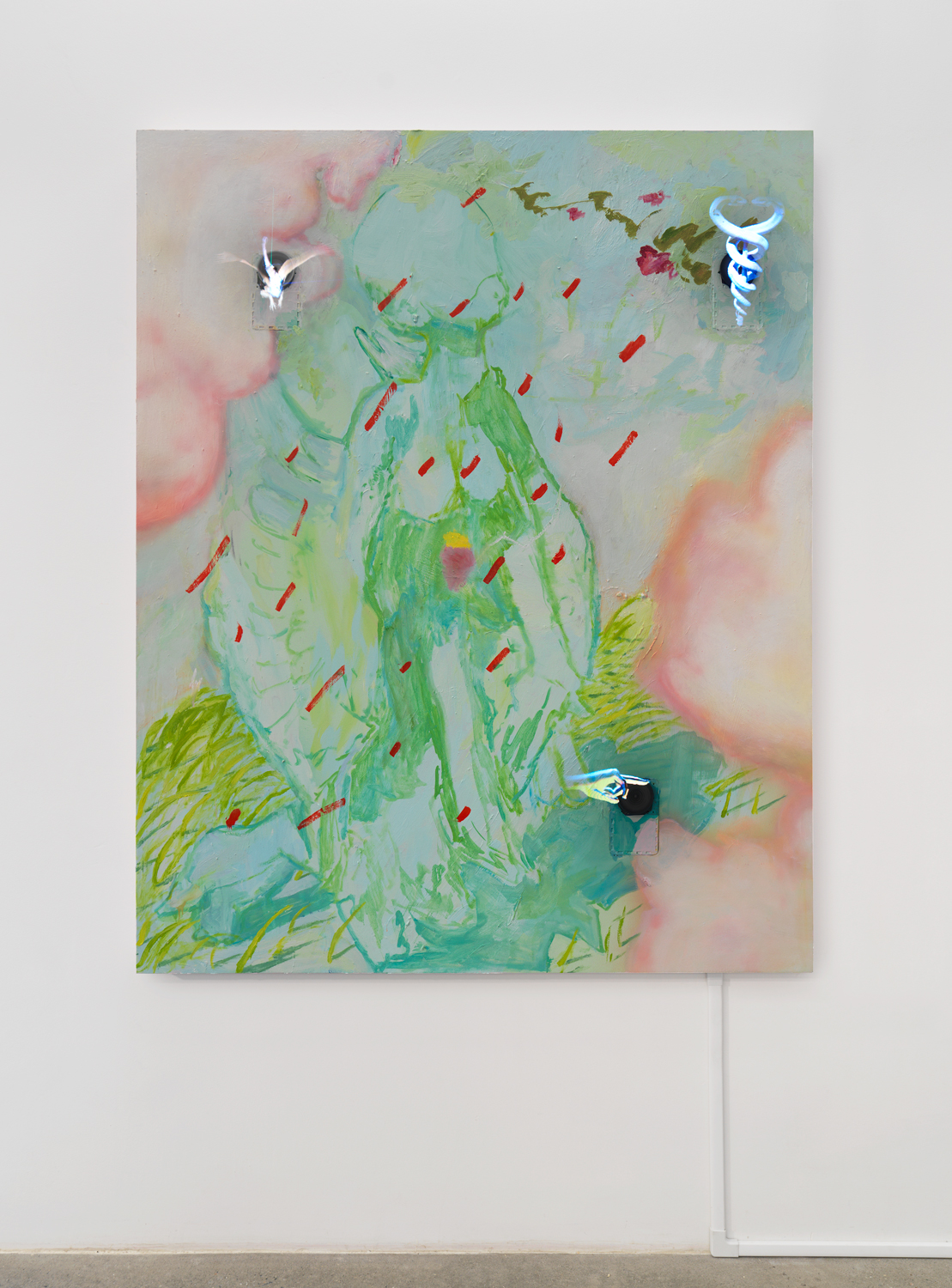 Rachel Rossin, Sub, 2021, oil, airbrushed acrylic and enamel on panel with embedded holographic display, 60 x 48 in.