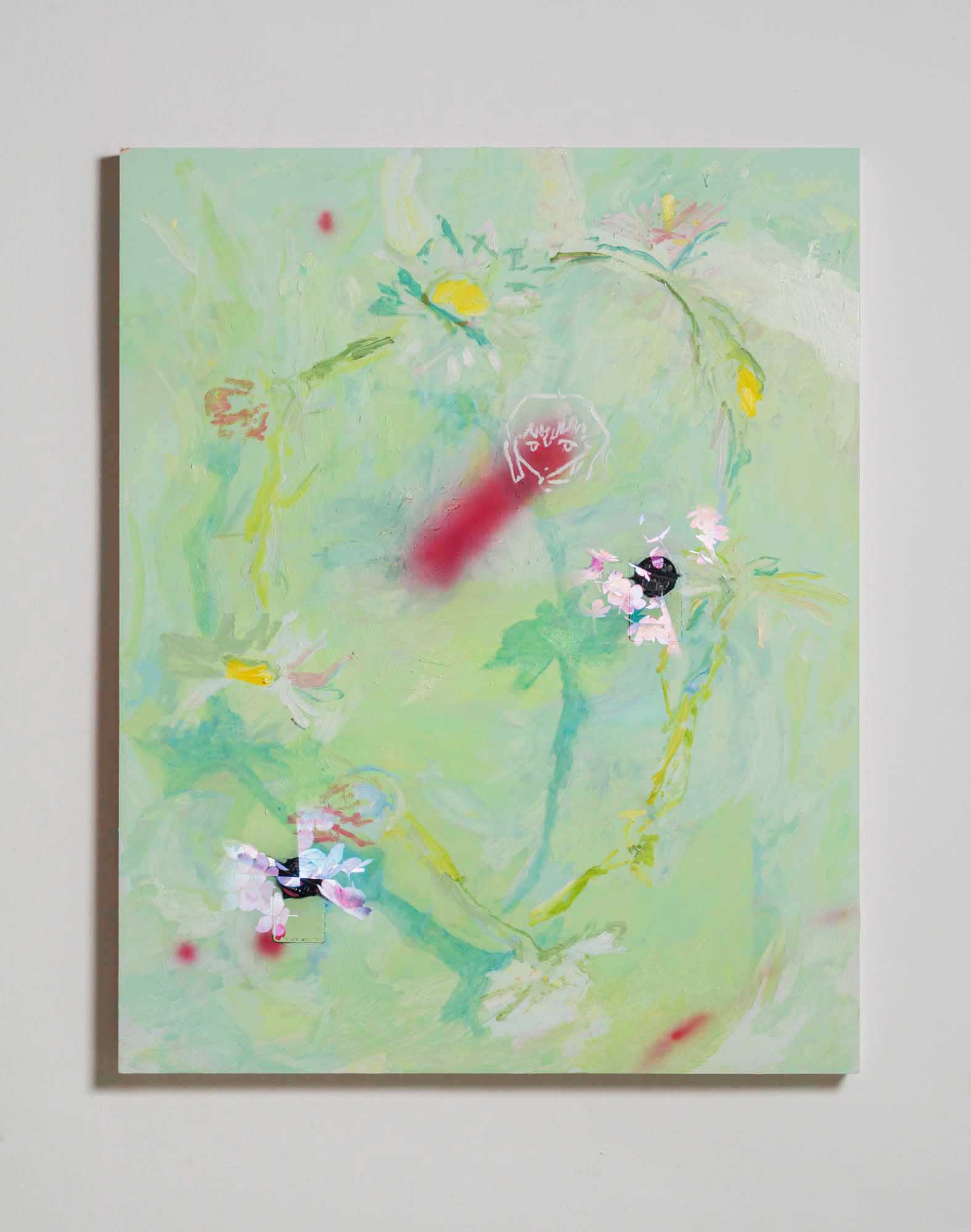 Rachel Rossin, REI On Daisy Chain Topology, 2020, oil, airbrushed oil, and enamel on panel with embedded holographic displays, 60 x 48 in.