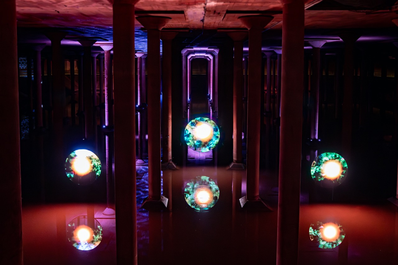 Installation view, Rachel Rossin: Haha Real, Buffalo Bayou Park Cistern, Houston, TX, 2024. Courtesy of Zainob+Mathew Create.