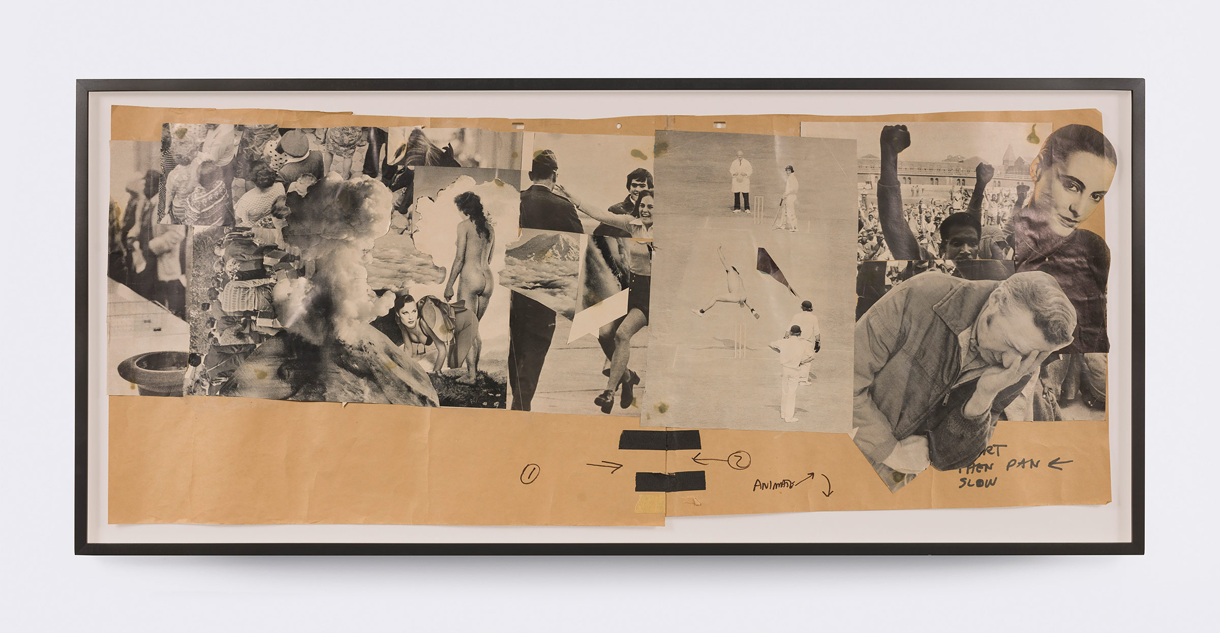 Stan VanDerBeek, Untitled, c. 1975, collage on paper, 18 3/4 × 42 × 1 1/2 in.