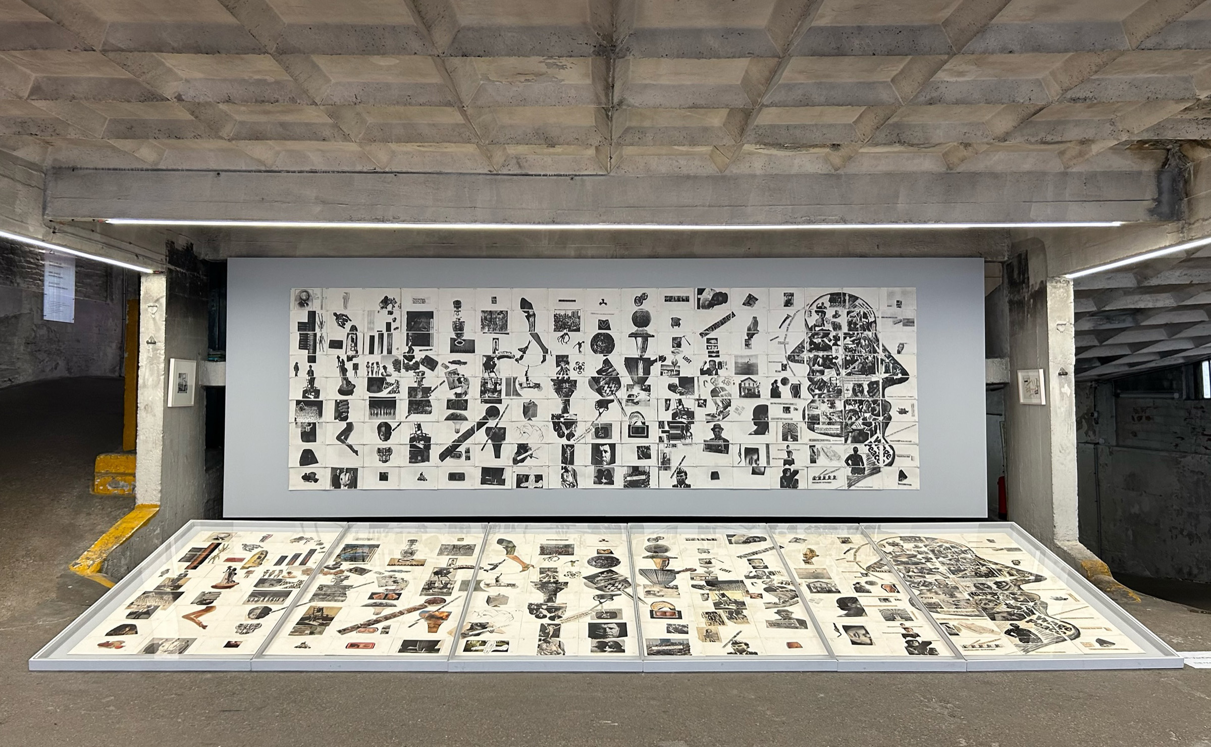 Stan VanDerBeek, Panels for the Walls of the World: Phase I, 1970, original fax transmissions and mixed media collage on paper, mural size (each): 76 1/2 x 240 in., panel size: 8 1/2 × 14 in. Installation view at OFFSCREEN, Grand Garage Haussmann, Paris, FR, 2023. Image courtesy of the Stan VanDerBeek Archive.