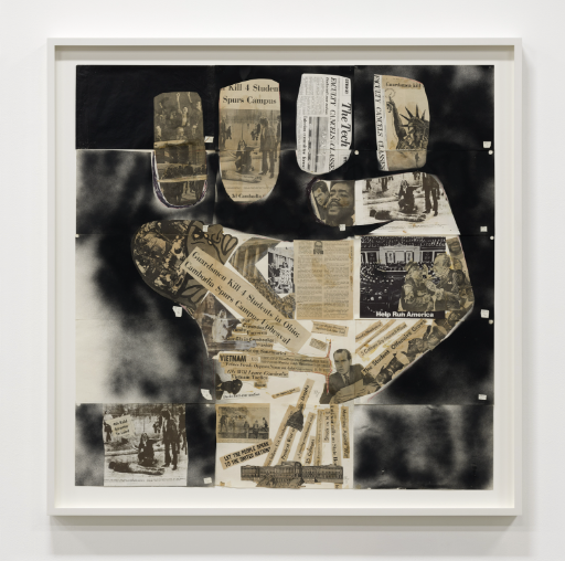 Stan VanDerBeek, Untitled (Fax Mural: Raised Fist), 1970, collage, paint and carbon transfer paper, 15 panels, each 8 1/2 x 14 in.