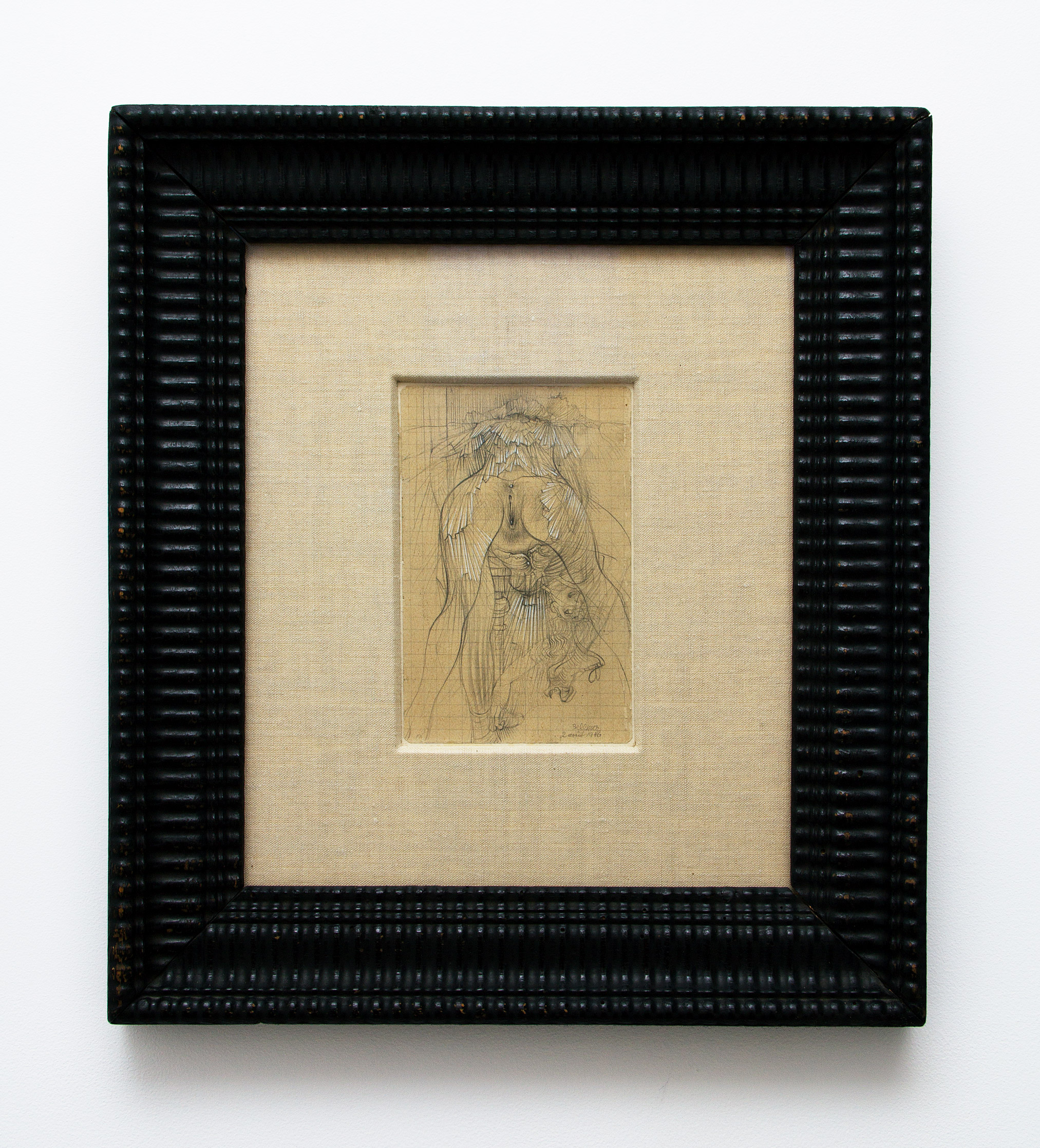 Hans Bellmer, Untitled, 1946, graphite and white gouache on paper, 5.5h x 3.63w in.