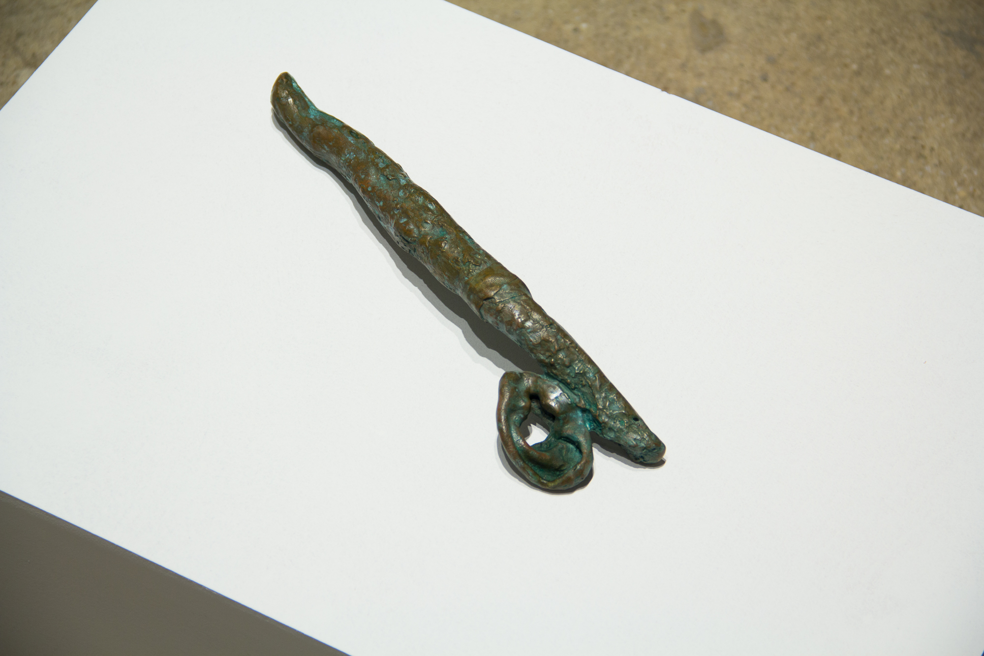 Brooke Hsu, ear stick (detail), 2014-2019, bronze, urine, acrylic plexiglass, 6h x 12d x 6w in.